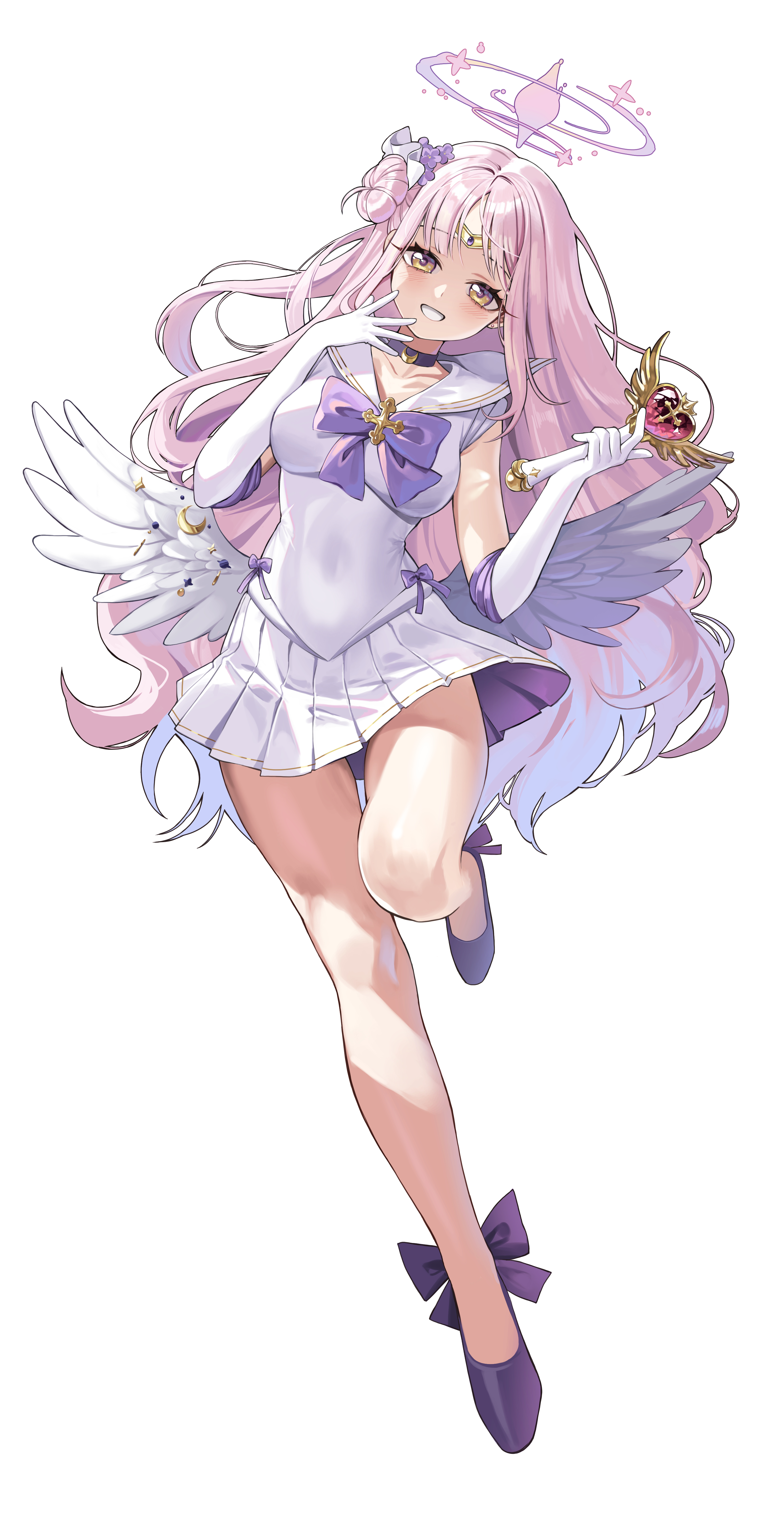 ddungddang, mika (blue archive), bishoujo senshi sailor moon, blue archive, fluffy hair, absurdres, clip studio paint (medium), commentary request, highres, korean commentary, variant set, 1girl, :d, alternate costume, angel wings, bare legs, black choker, blush, bow, bowtie, breasts, broom, choker, circlet, cosplay, covered navel, crescent, crescent choker, crescent ornament, cross, cross brooch, elbow gloves, feathered wings, footwear bow, full body, gem, gloves, gold circlet, greek cross, grin, hair bun, halo, hands up, head tilt, heart-shaped gem, heart wand, holding, holding wand, knees, large breasts, left-handed, leg up, legs, leotard, long hair, low wings, magical girl, middle part, multicolored eyes, open mouth, parted bangs, parted hair, pink gemstone, pink hair, pink halo, pleated skirt, purple bow, purple bowtie, purple eyes, purple shoes, sailor collar, sailor senshi uniform, shoes, side ahoge, side up bun, simple background, single side bun, skirt, skirt set, sleeveless, smile, solo, standing, standing on one leg, two-tone eyes, very long hair, wand, white background, white gloves, white leotard, white sailor collar, white skirt, white wings, wing ornament, wings, yellow eyes