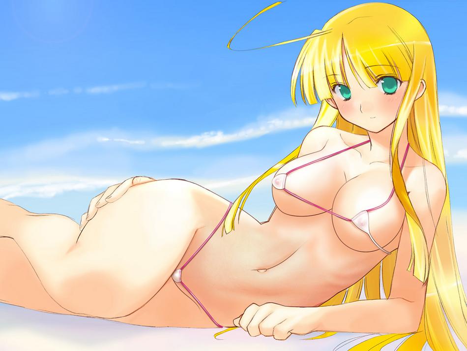 bikini, blush, breasts, cleavage, lying, smile, swimsuit