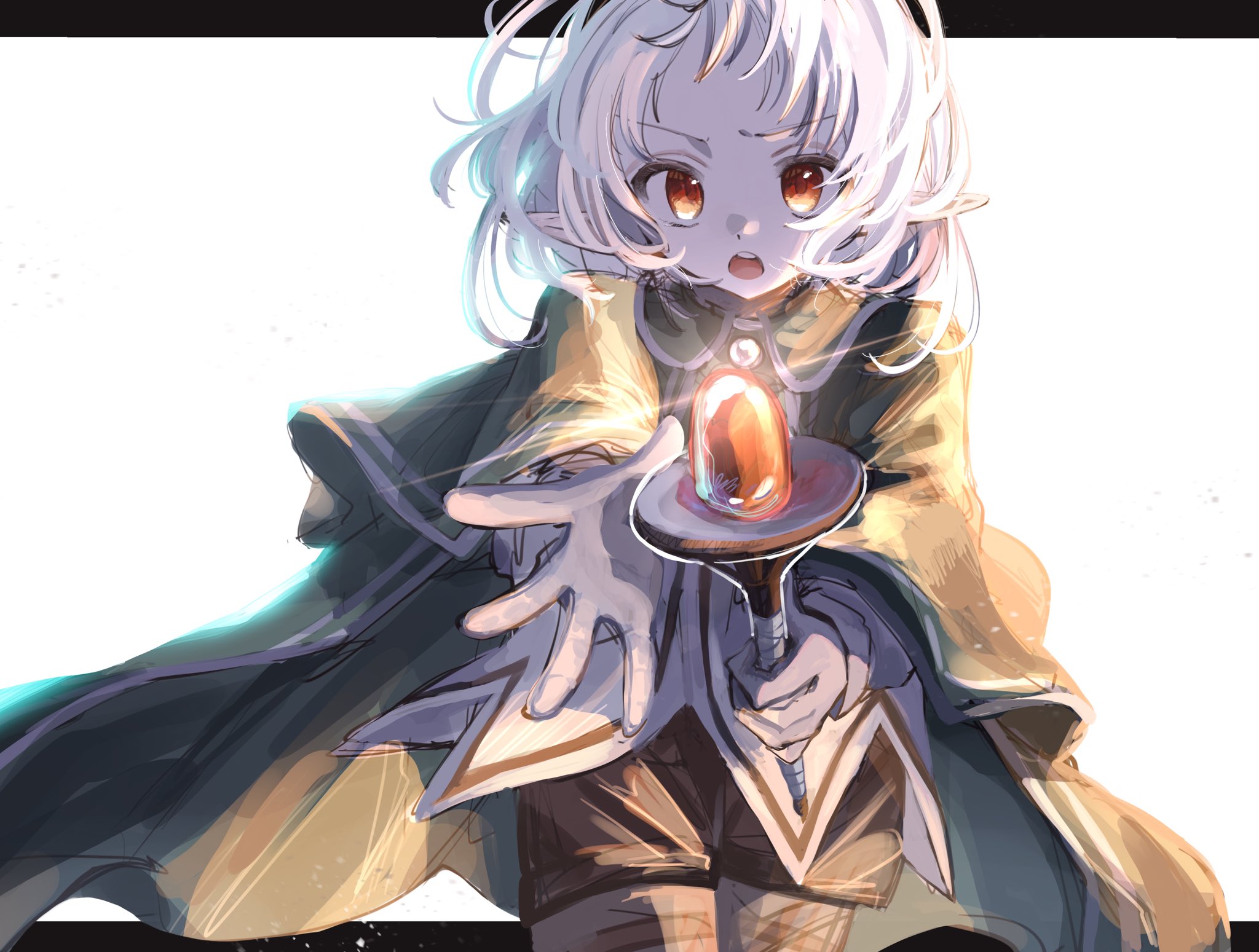 spica59, sylphiette (mushoku tensei), mushoku tensei, highres, 1girl, cloak, elf, gloves, green cloak, holding, holding wand, looking at viewer, open hand, open mouth, outstretched arm, pointy ears, red eyes, short hair, wand, white background, white gloves, white hair