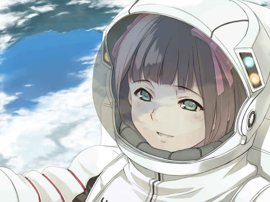 amami haruka, idolmaster, idolmaster (classic), artist request, non-web source, 00s, 1girl, astronaut, brown hair, earth (planet), female focus, green eyes, hair ribbon, open mouth, planet, ribbon, short hair, smile, solo, spacesuit