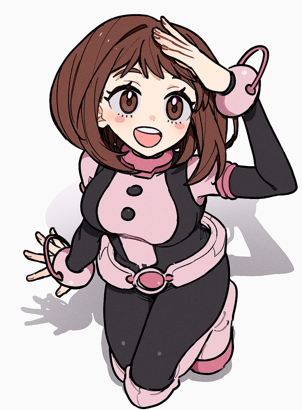 xiao (grsnss25), uraraka ochako, boku no hero academia, commentary, highres, 1girl, blush, blush stickers, bodysuit, breasts, brown eyes, brown hair, eyelashes, from above, hand up, happy, kneeling, looking at viewer, open mouth, shadow, short hair, simple background, smile, solo, superhero costume, teeth, upper teeth only, white background
