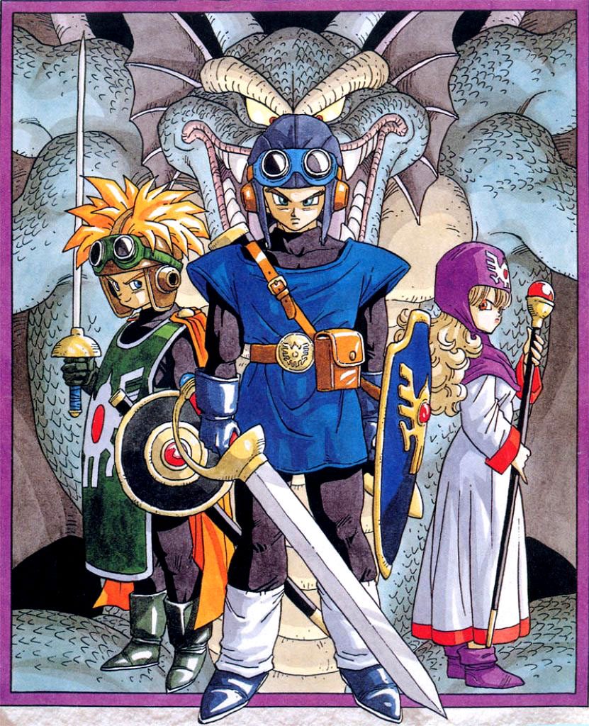 toriyama akira, monster request, prince of lorasia, prince of samantoria, princess of moonbrook, sidoh, chunsoft, dragon quest, dragon quest ii, enix, square enix, 1980s (style), official art, traditional media, 1990s (style), 1993, 1girl, 2boys, ankle boots, back-to-back, belt, belt buckle, belt pouch, blonde hair, blue eyes, bodysuit, boots, border, buckle, cape, colored sclera, curly hair, demon, dragon, fantasy, frown, full body, gem, gloves, goggles, goggles on headwear, head wings, holding, holding weapon, hood, horns, light smile, long hair, long sleeves, looking at viewer, looking back, monster, multiple boys, oldschool, open mouth, parted bangs, pinky out, pouch, rapier, red eyes, retro artstyle, robe, scabbard, scales, scepter, serious, sheath, shield, short hair, smile, spiked hair, staff, standing, sword, tabard, teeth, tunic, turtleneck, weapon, wings, yellow sclera