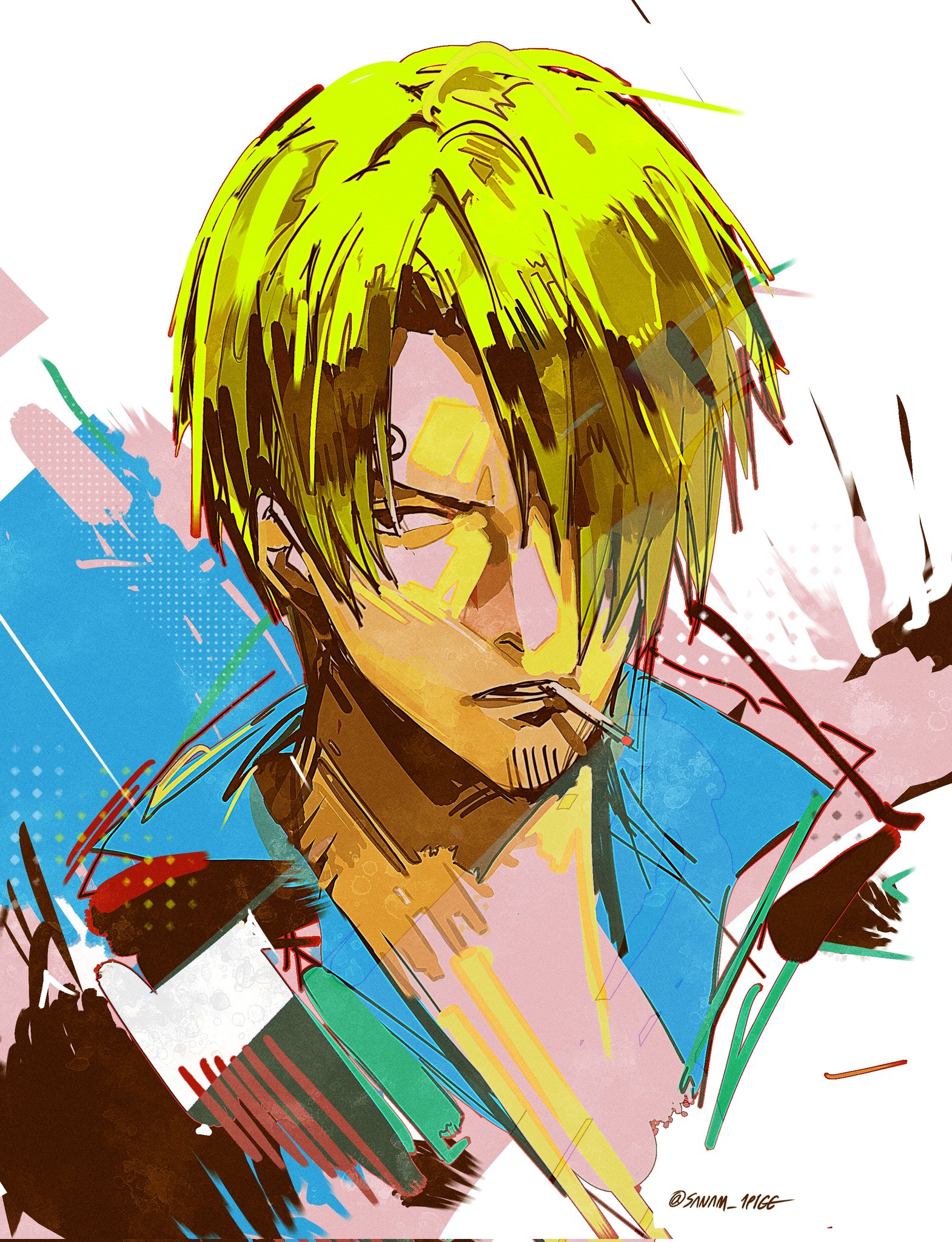 sanam 1piece, sanji (one piece), one piece, commentary, highres, symbol-only commentary, 1boy, ben-day dots, blonde hair, blue shirt, cigarette, collared shirt, curly eyebrows, facial hair, goatee, hair over one eye, looking to the side, male focus, one eye covered, open clothes, open shirt, parted bangs, parted lips, portrait, screentones, shirt, short hair, sideways glance, smoking, solo, white background