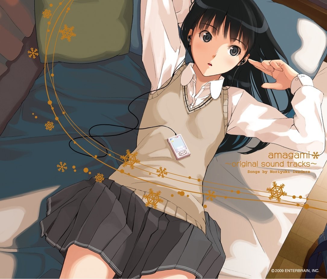 takayama kisai, ayatsuji tsukasa, amagami, non-web source, 1girl, arms up, bed, black eyes, black hair, digital media player, earbuds, earphones, female focus, long hair, lying, pillow, skirt, snowflakes, solo, sweater vest