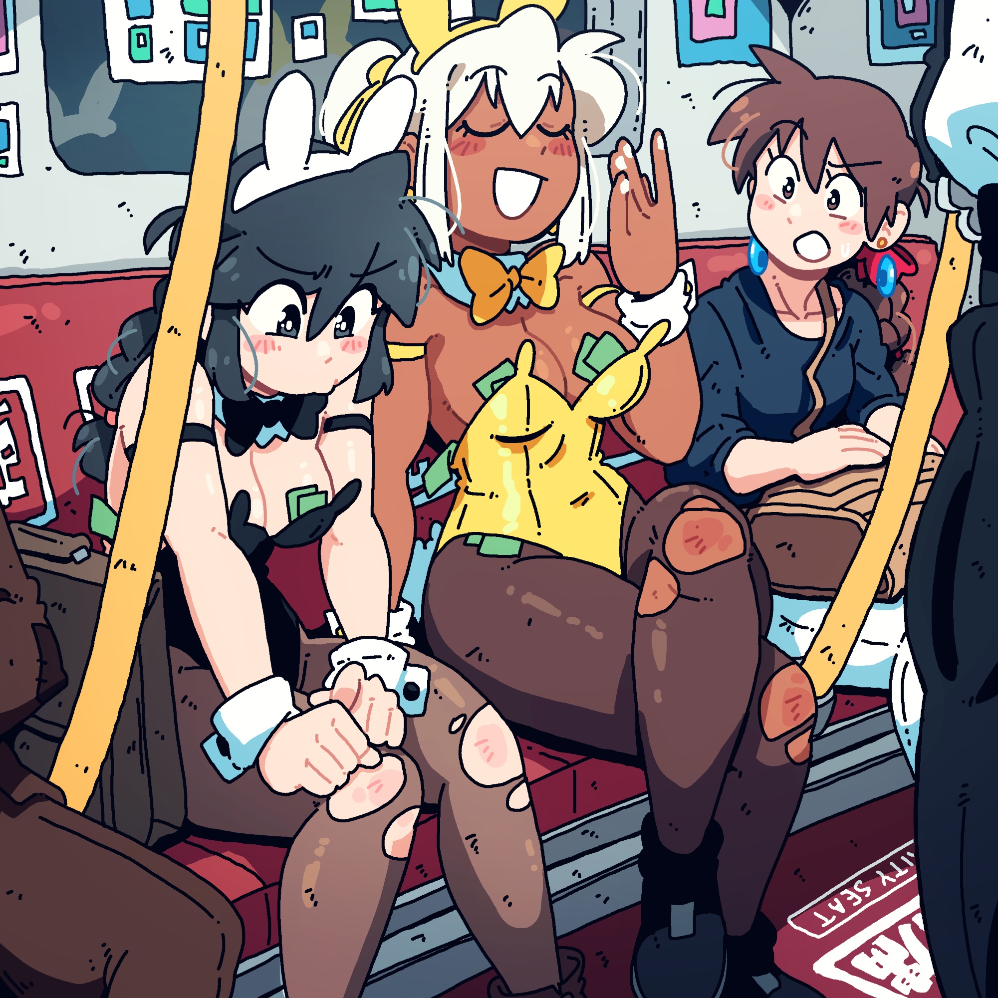 scott malin, lucia (scott malin), original, character request, commentary, english commentary, highres, 3girls, ^ ^, animal ear hairband, animal ears, armband, bag, bag on lap, black armband, black bow, black bowtie, black eyes, black hair, black leotard, blue shirt, bow, bowtie, braid, braided ponytail, brown bag, brown hair, brown pantyhose, clenched hands, closed eyes, collar, collarbone, diamond earrings, earrings, english text, fake animal ears, feet out of frame, floating hair, frown, hair between eyes, hair bow, hairband, hand up, hands on own knee, holding, holding bag, jewelry, knee injury, leotard, leotard peel, long hair, looking at another, looking down, loose hair strand, medium hair, mixed-language text, money, multiple girls, open mouth, pants, pantyhose, playboy bunny, pole, ponytail, poster (object), rabbit ears, raised eyebrow, red bow, reflection, shirt, short hair, short sleeves, shoulder bag, sitting, smile, strapless, strapless leotard, torn clothes, torn pantyhose, train interior, tucked money, white collar, white hair, white nails, white pants, white wrist cuffs, window, wrist cuffs, yellow armband, yellow bow, yellow bowtie, yellow leotard