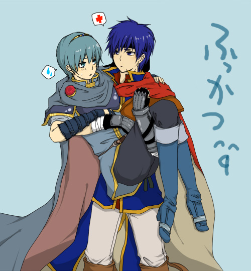 ike (fire emblem), marth (fire emblem), fire emblem, fire emblem: mystery of the emblem, fire emblem: path of radiance, nintendo, 2boys, armor, belt, blue eyes, blue hair, breastplate, cape, carrying, fingerless gloves, gloves, headband, male focus, multiple boys, pauldrons, princess carry, shoulder armor, simple background, sweatdrop, tiara, yaoi