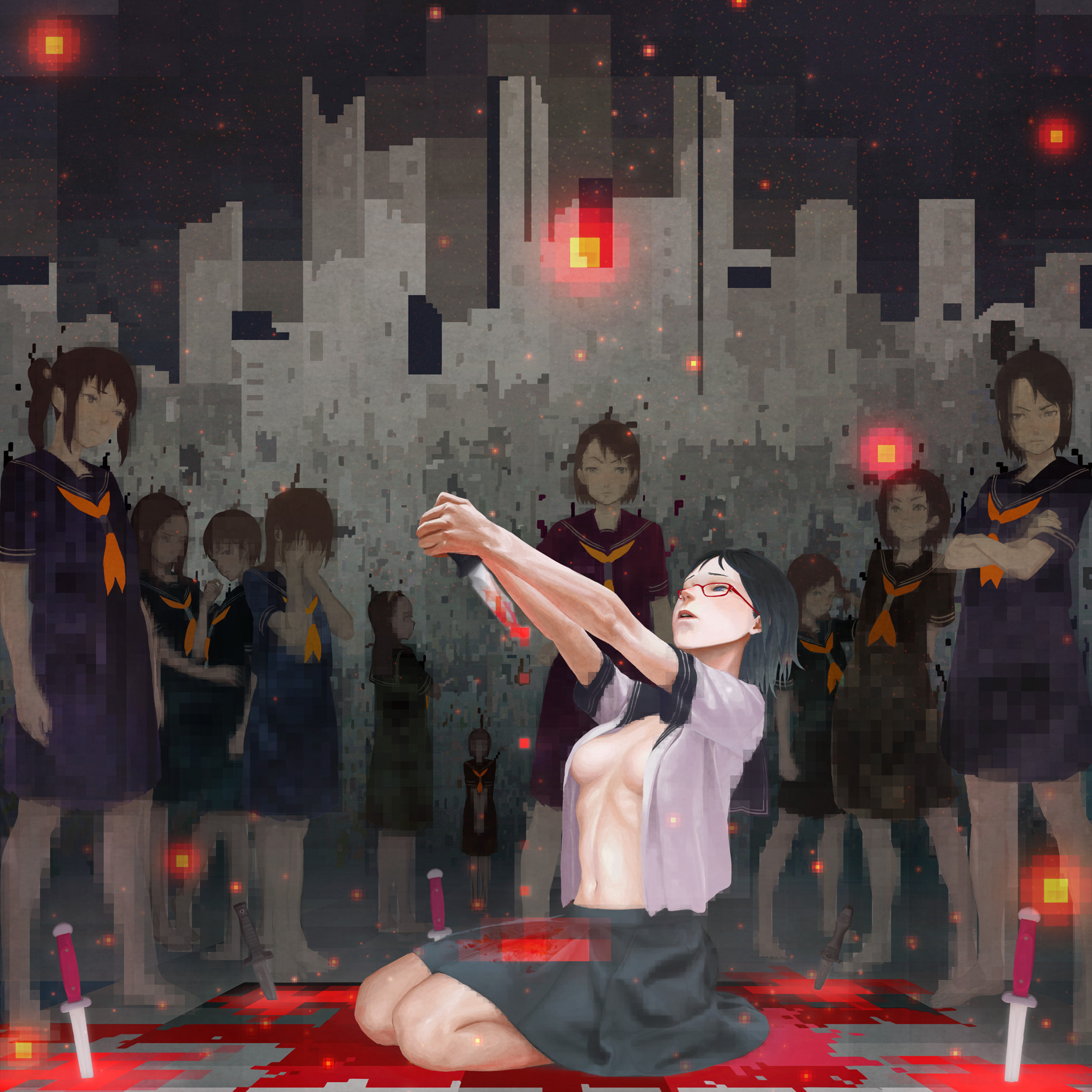 nababa, original, red-framed glasses, highres, 6+girls, black hair, black serafuku, blood, breasts, cleavage, glasses, kneeling, knife, lips, multiple girls, navel, open clothes, open shirt, pixel art, pixelated, planted, ritual, school uniform, seiza, seppuku, serafuku, shirt, short hair, sitting, skirt, solo focus, suicide, weapon