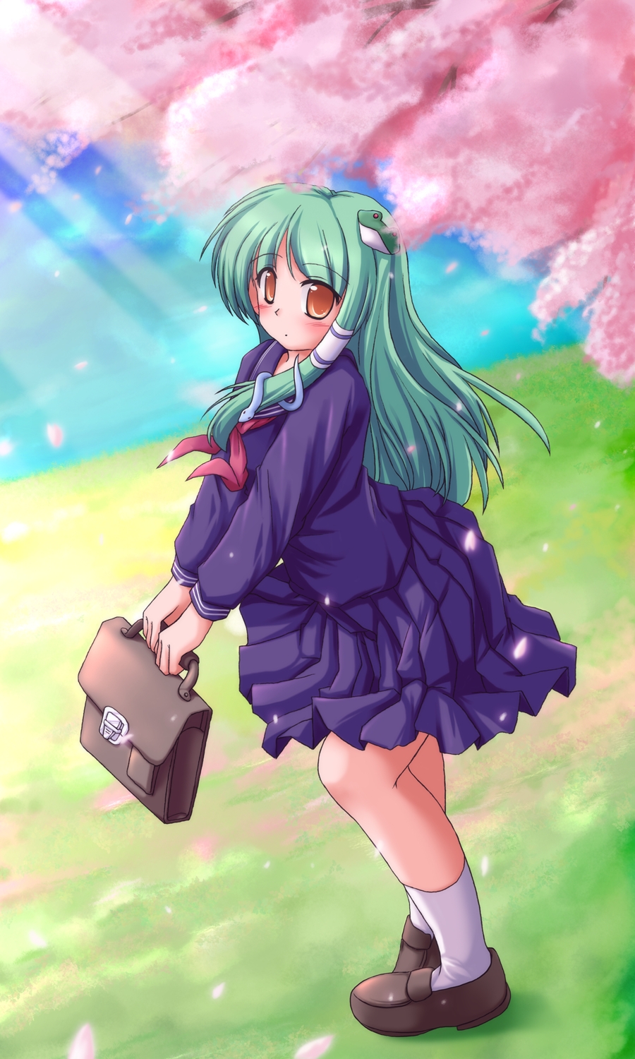 lzh, kochiya sanae, touhou, highres, 1girl, alternate costume, bag, female focus, green hair, long hair, nature, outdoors, plant, school uniform, serafuku, skirt, sky, snake, solo, yellow eyes