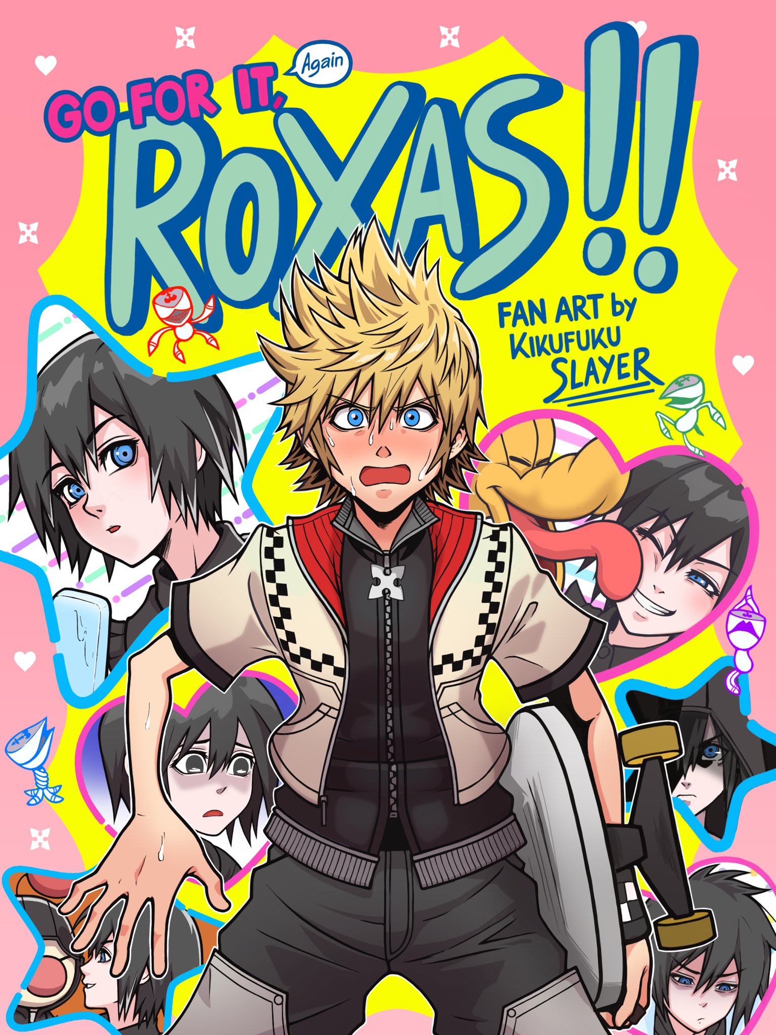 kikufukuslayer, moogle, pluto (disney), roxas, xion (kingdom hearts), disney, ganbare! nakamura-kun!!, kingdom hearts, kingdom hearts 358/2 days, kingdom hearts iii, commentary, english commentary, highres, 1boy, 1girl, animal, artist name, bags under eyes, black coat (kingdom hearts), black hair, blonde hair, blue eyes, blush, creature, dog, dusk (kingdom hearts), english text, food, ganbare! nakamura-kun!! cover parody, hood, hood up, jacket, licking, nobody (kingdom hearts), official alternate costume, one eye closed, open clothes, open jacket, open mouth, parody, partially shaded face, popsicle, short sleeves, sweat, tongue, tongue out