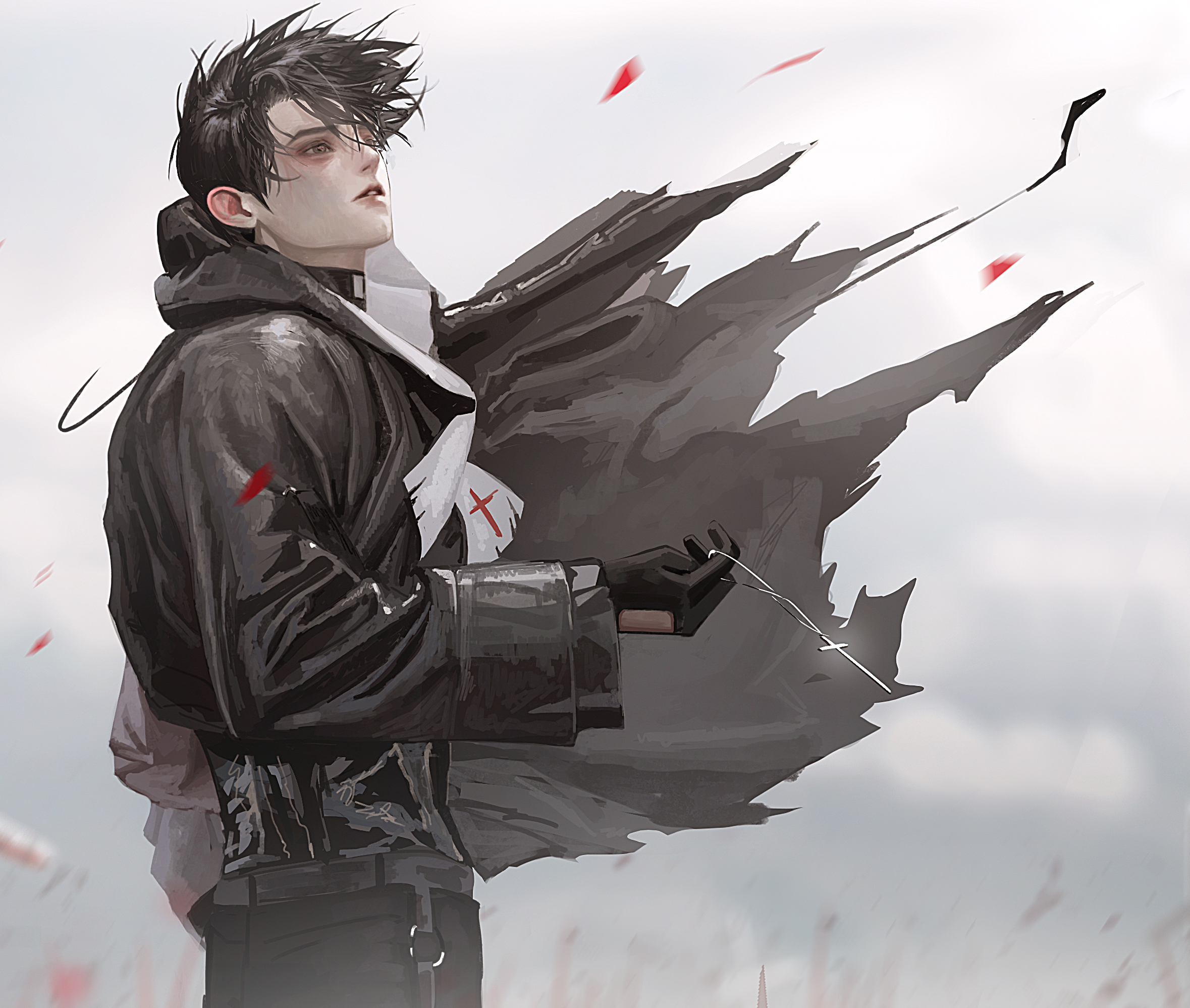 meltoring, original, highres, 1boy, black eyes, black gloves, black hair, black jacket, black shirt, blood, blood splatter, blurry, blurry background, cowboy shot, cross, cross pendant, curtained hair, day, depth of field, gloves, holding, holding jewelry, holding necklace, hood, hood down, jacket, jewelry, male focus, necklace, outdoors, parted lips, scarf, shirt, short hair, solo, torn clothes, white scarf, wind, wind lift
