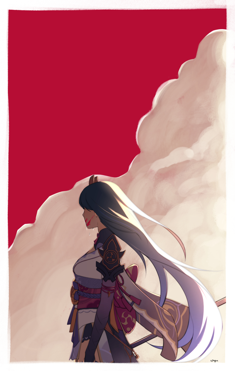 ujugn, raiden shogun, genshin impact, commentary, english commentary, highres, 1girl, armor, artist name, back bow, black panties, blood, blood on face, blood splatter, blunt bangs, bow, bridal gauntlets, clothing cutout, cloud, cloudy sky, crying, engulfing lightning (genshin impact), faceless, faceless female, gradient hair, hair down, hair flowing over, hair ornament, holding, holding polearm, holding weapon, japanese clothes, kimono, long hair, mitsudomoe (shape), multicolored hair, neck ribbon, off shoulder, outdoors, panties, polearm, purple hair, purple kimono, red background, red ribbon, red sash, red sky, ribbon, sad, sash, shade, shoulder armor, shoulder cutout, sky, smoke, solo, standing, thighhighs, tomoe (symbol), underwear, upper body, weapon