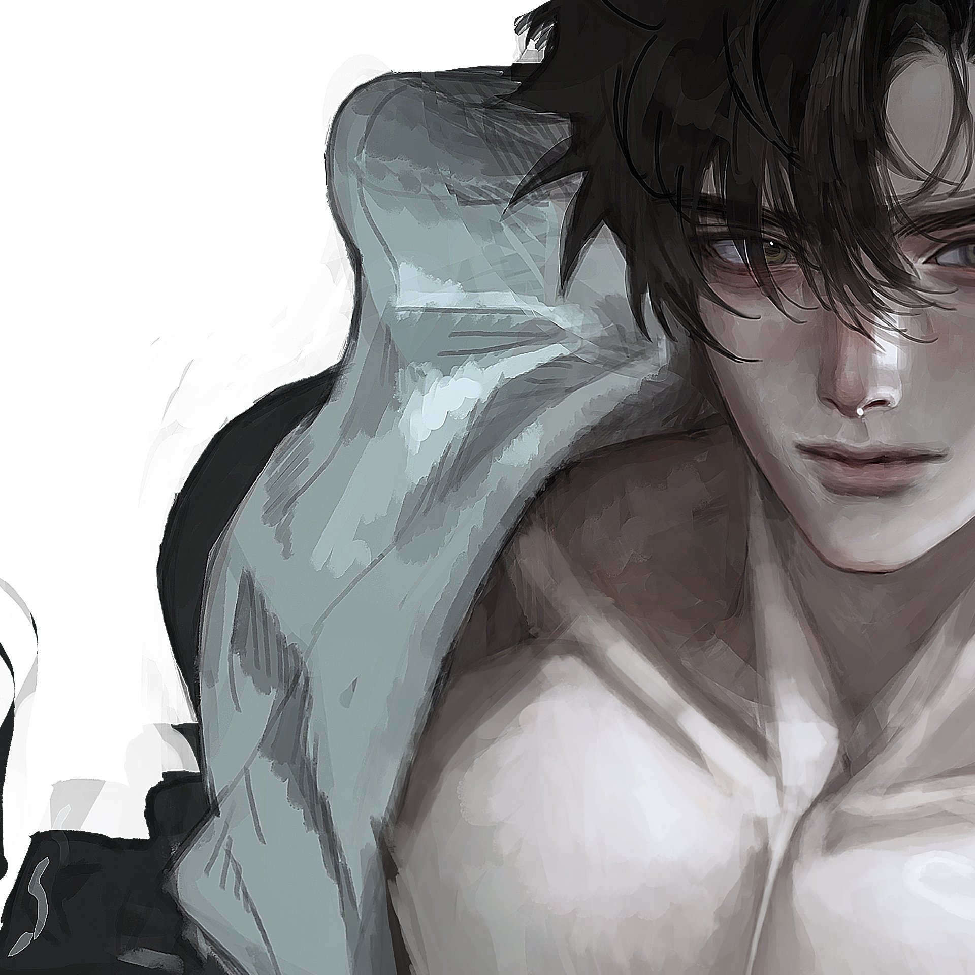 meltoring, original, highres, 1boy, aegyo sal, black eyes, black hair, close-up, coat partially removed, collarbone, curtained hair, expressionless, male focus, out of frame, pectorals, short hair, solo, upper body