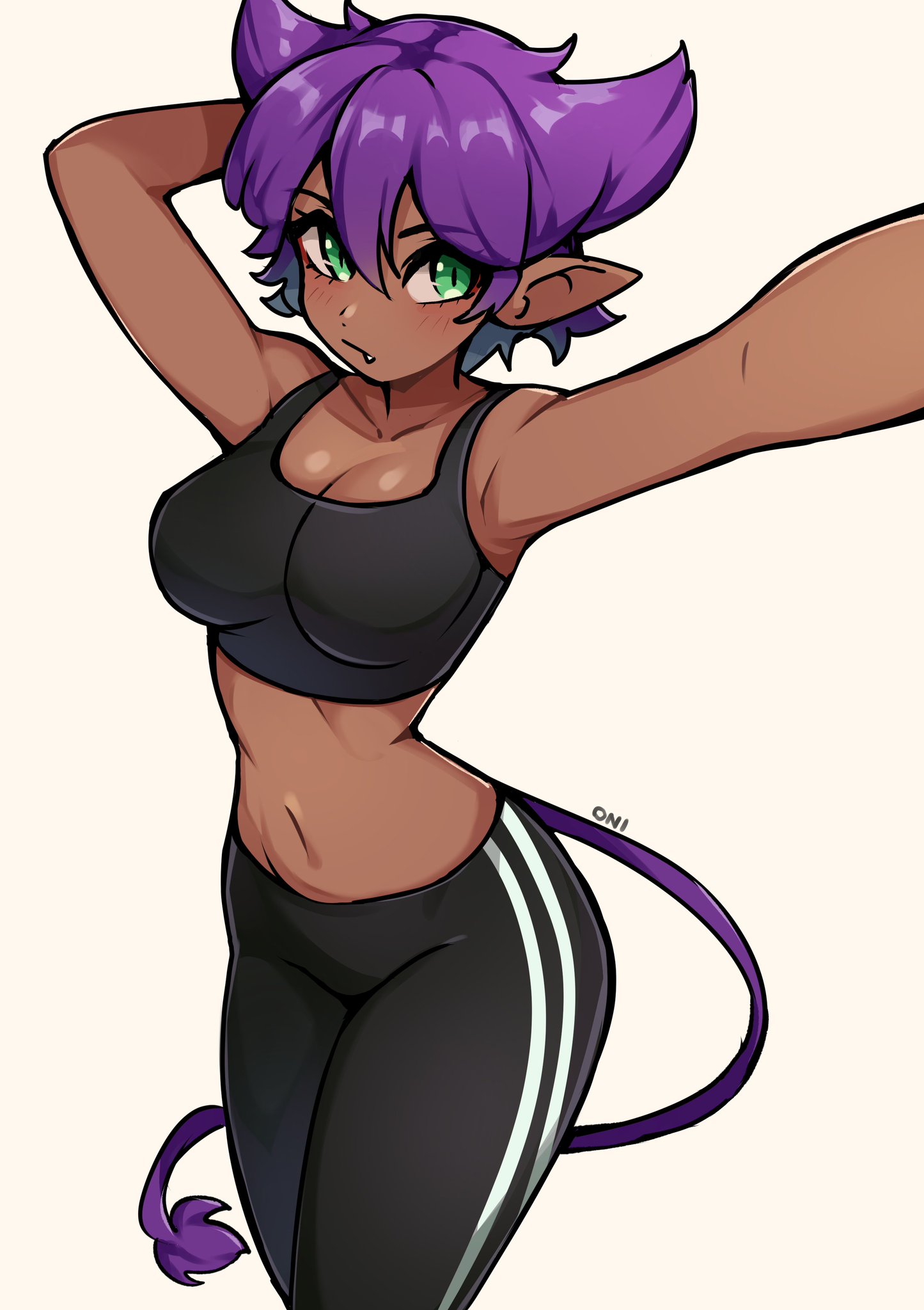 oninuer, original, commentary, commission, english commentary, highres, 1girl, arm behind head, arms up, black pants, black sports bra, blush, breasts, cleavage, closed mouth, cowboy shot, dark-skinned female, dark skin, double-parted bangs, fang, fang out, green eyes, hair between eyes, large breasts, looking at viewer, pants, pointy ears, purple hair, short hair, simple background, slit pupils, solo, sports bra, stomach, tail, white background