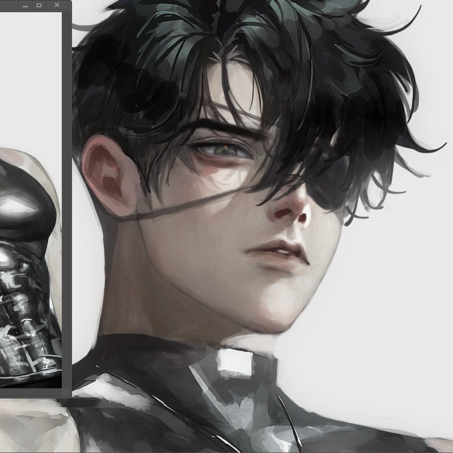 meltoring, original, screencap, 1boy, abs, aegyo sal, black hair, black shirt, crew neck, curtained hair, eyepatch, green eyes, looking at viewer, male focus, muscular, muscular male, narrowed eyes, one eye covered, parted lips, pectorals, reference inset, shirt, short hair, solo, upper body