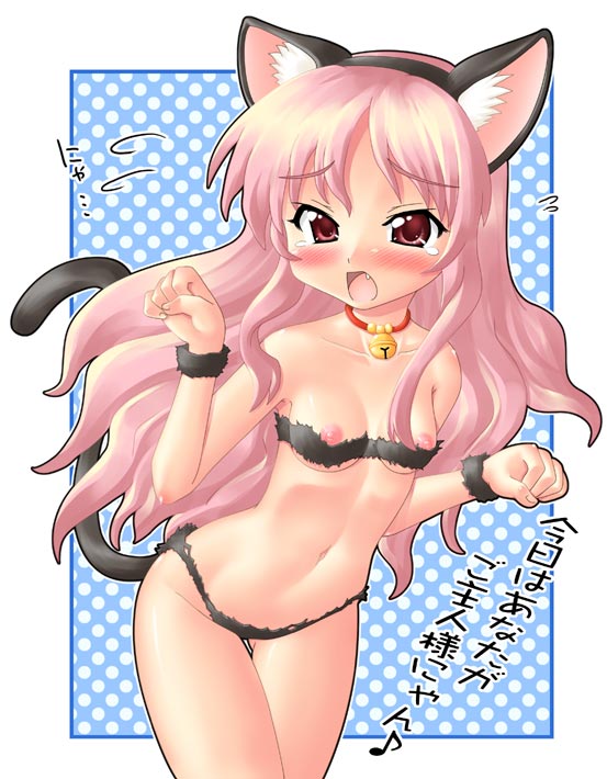 hase yu, louise francoise le blanc de la valliere, zero no tsukaima, translation request, 00s, 1girl, animal ears, bell, blush, breasts, cat ears, cat girl, cat tail, collar, fang, female focus, flat chest, leaning, long hair, midriff, navel, open mouth, paw pose, pink eyes, pink hair, solo, standing, tail, tears, wrist cuffs