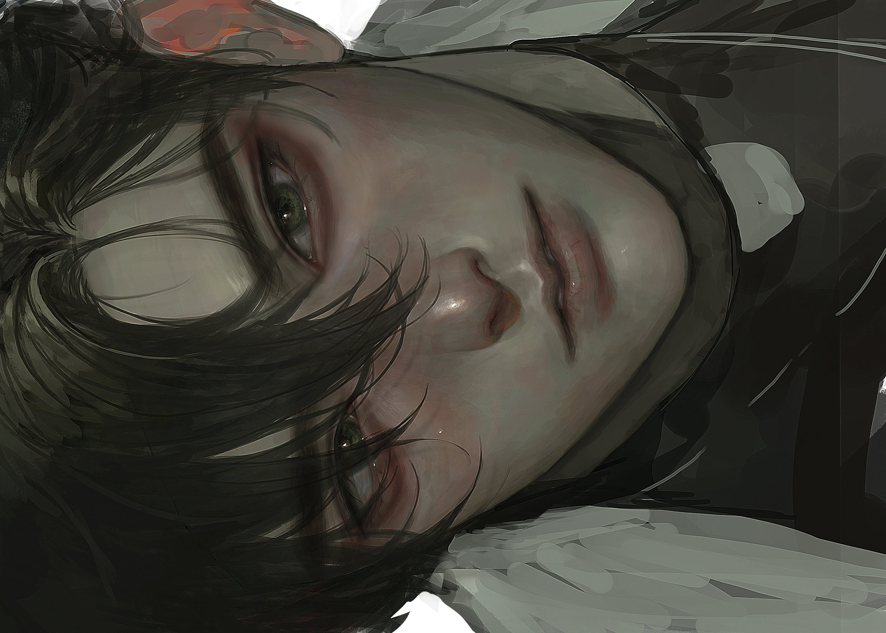 meltoring, original, highres, 1boy, aegyo sal, black hair, black shirt, crew neck, curtained hair, green eyes, looking at viewer, male focus, portrait, serious, shirt, short hair, sideways, solo, sparkling eyes