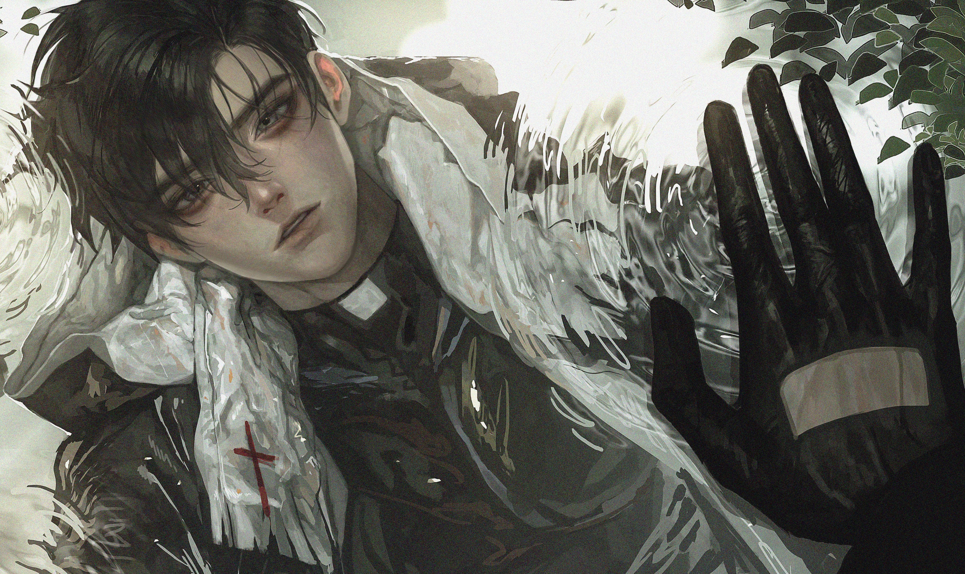 meltoring, original, absurdres, commentary, highres, symbol-only commentary, 1boy, aegyo sal, black gloves, black hair, black jacket, black shirt, bush, cow horns, crew neck, cross, gloves, green eyes, hood, hood down, horns, jacket, looking at reflection, male focus, parted lips, pectorals, pov, reaching, reflection, reflection focus, ripples, scarf, shirt, short hair, solo, torn clothes, upper body, white scarf