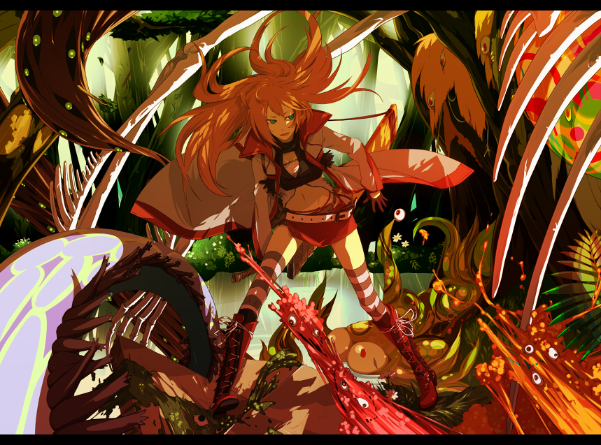 mohikan5, original, bad id, bad pixiv id, belt, boots, cape, green eyes, letterboxed, midriff, monster, orange hair, socks, solo, striped clothes, striped socks