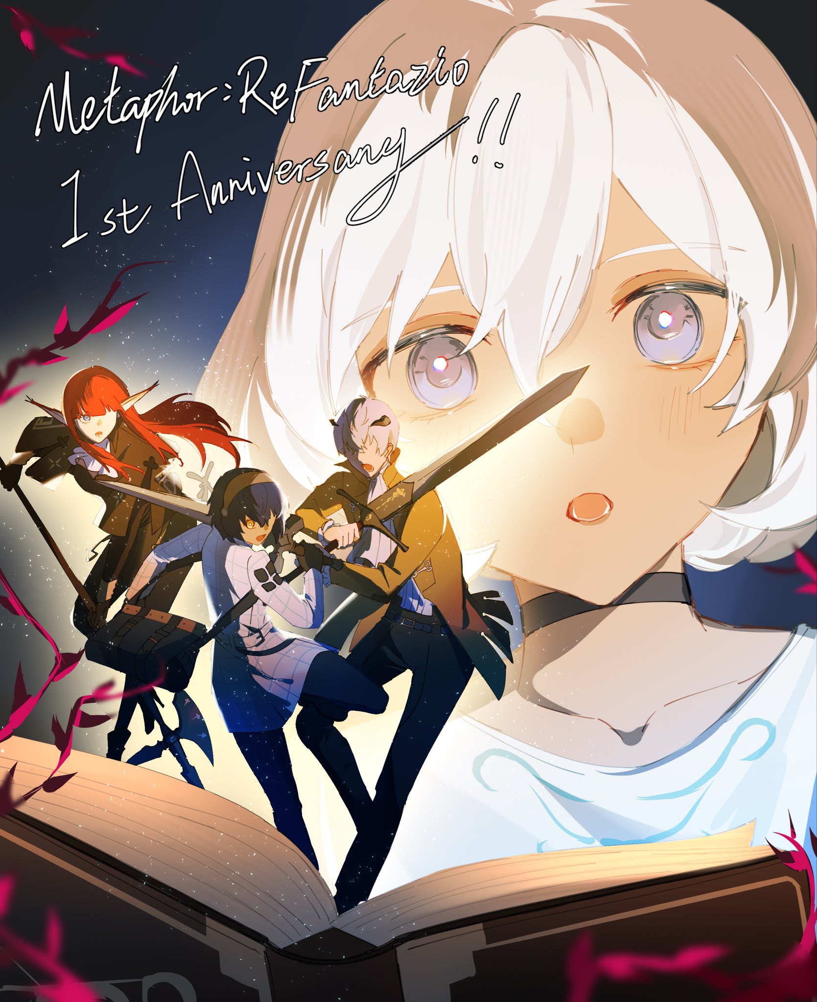 gallica (metaphor: refantazio), hulkenberg (metaphor: refantazio), protagonist (metaphor: refantazio), strohl (metaphor: refantazio), the prince (metaphor: refantazio), metaphor: refantazio, commentary request, highres, 2girls, 3boys, ascot, black pants, blue hair, book, brown jacket, dark-skinned male, dark skin, fairy, floating hair, grey hair, grey horns, holding, holding polearm, holding sword, holding weapon, horns, jacket, long hair, long sleeves, multiple boys, multiple girls, open book, pants, pointy ears, polearm, red hair, ringo mocha, short hair, sword, weapon, white jacket, yellow eyes