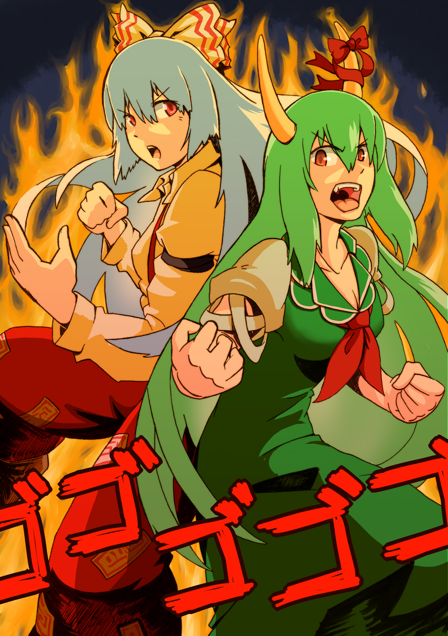 atuta, sawara, sawara (artist), ex-keine, fujiwara no mokou, kamishirasawa keine, touhou, silver hair, highres, 2girls, bow, female focus, fighting stance, fire, green hair, hair bow, horns, long hair, multiple girls, red eyes