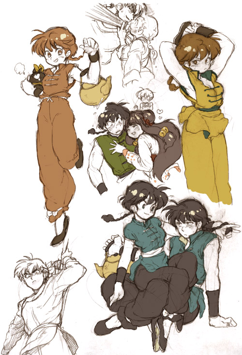 nitako, hibiki ryouga, p-chan, ranma-chan, saotome ranma, shampoo (ranma 1/2), tendou akane, ranma 1/2, bad id, bad pixiv id, gender request, 2boys, 3girls, armpits, black hair, blush, braid, genderswap, kettle, monochrome, multiple boys, multiple girls, no socks, partially colored, pig, red hair, single braid, sketch
