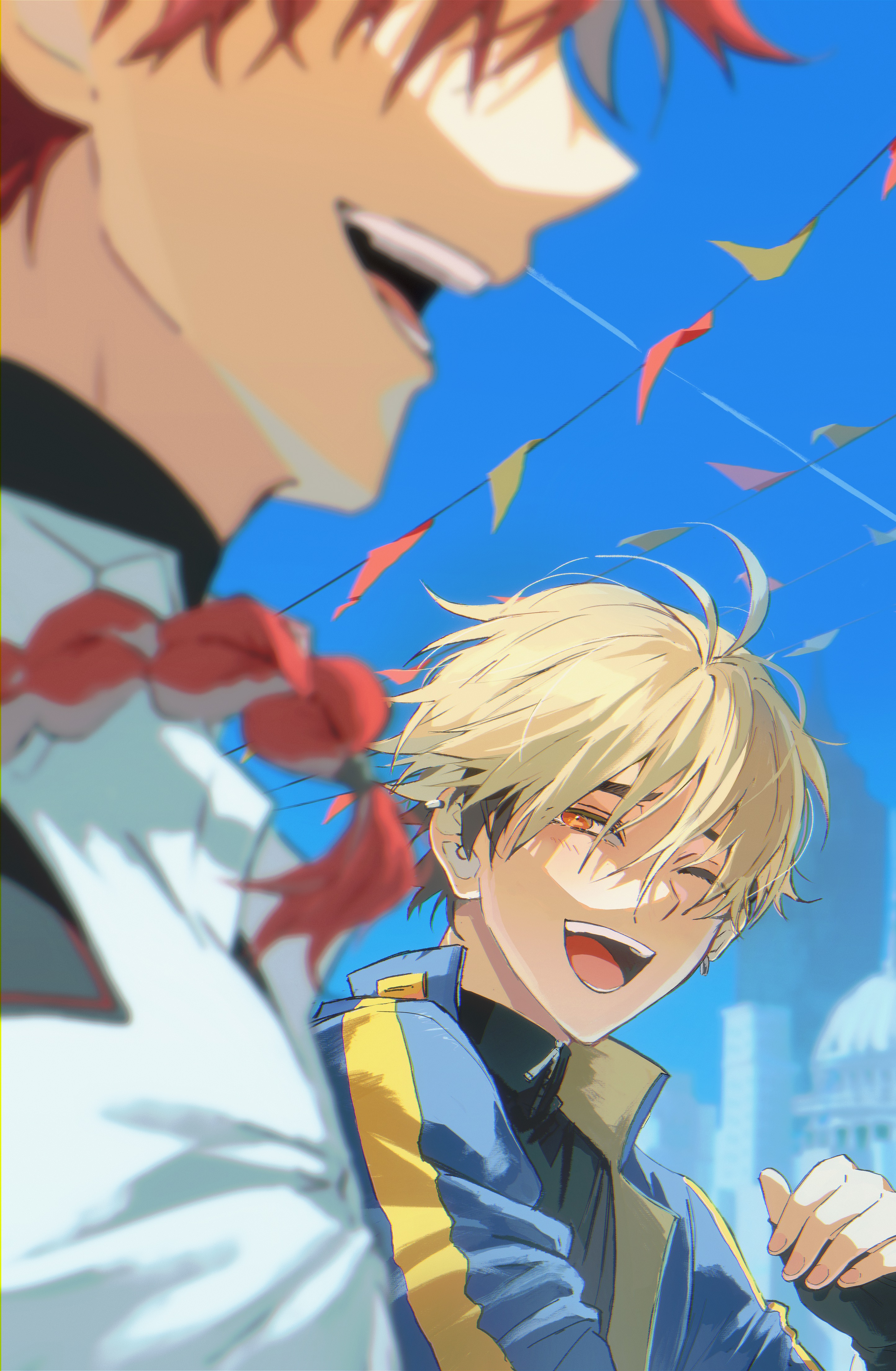 nakazawa yuki, xia fei, xiao weiying, shiguang dailiren, absurdres, chinese commentary, highres, 2boys, ;d, antenna hair, banner, black hair, black shirt, blonde hair, blue jacket, blue sky, blurry, blurry foreground, braid, braided ponytail, collared shirt, confetti, day, depth of field, hair between eyes, jacket, long hair, long sleeves, looking at another, male focus, multicolored hair, multiple boys, official artist extra, one eye closed, open mouth, orange eyes, outdoors, red eyes, red hair, shirt, short hair, single braid, sky, sleeves past wrists, smile, teeth, turtleneck, two-tone hair, undershirt, upper body, white shirt, zipper
