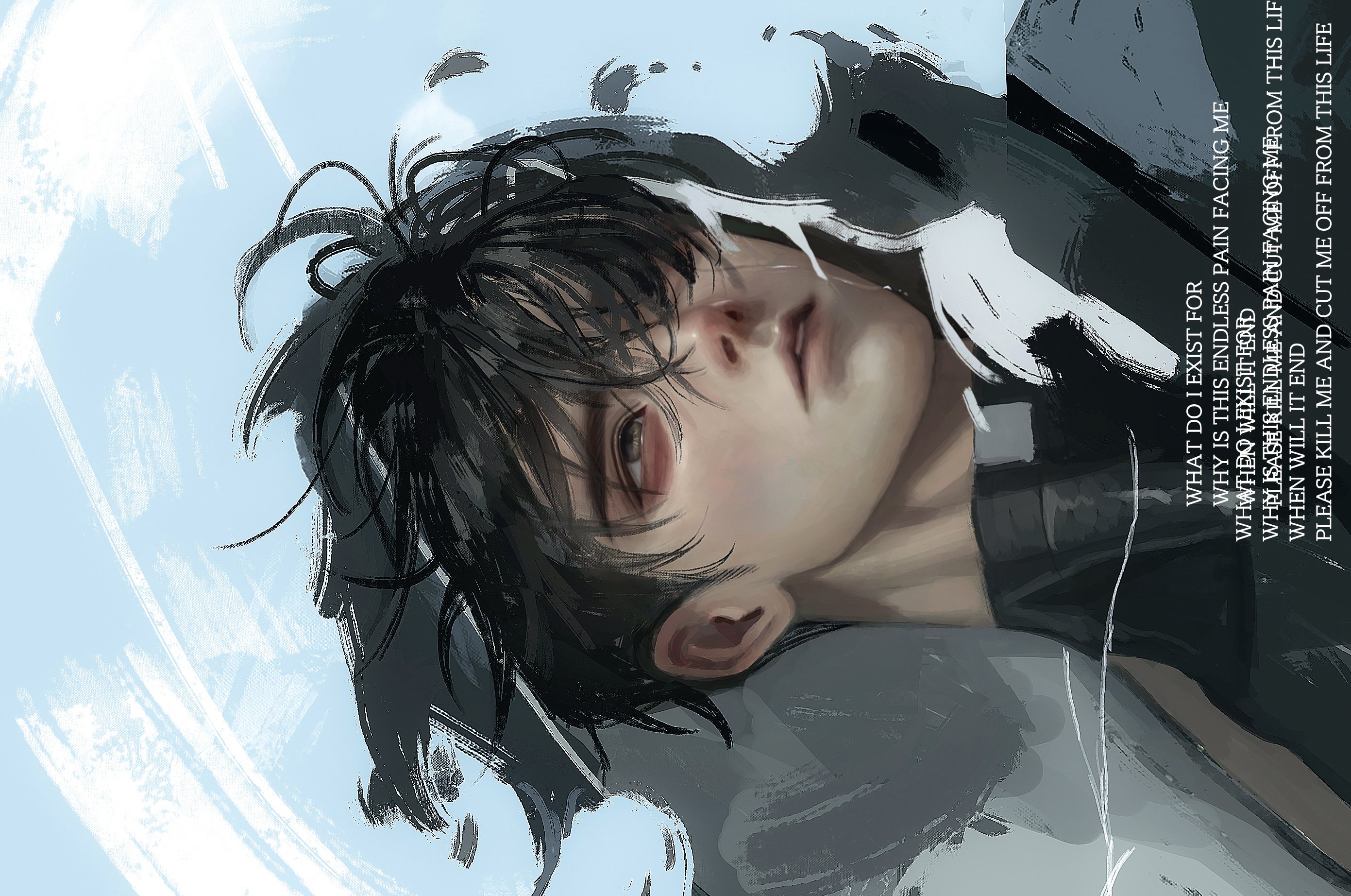 meltoring, original, commentary, highres, symbol-only commentary, 1boy, aegyo sal, black hair, black jacket, black shirt, cloud, cloudy sky, crew neck, crying, crying with eyes open, day, green eyes, hair over one eye, hood, hood up, jacket, male focus, one eye closed, outdoors, parted lips, shirt, short hair, sideways, sky, solo, tears, torn clothes
