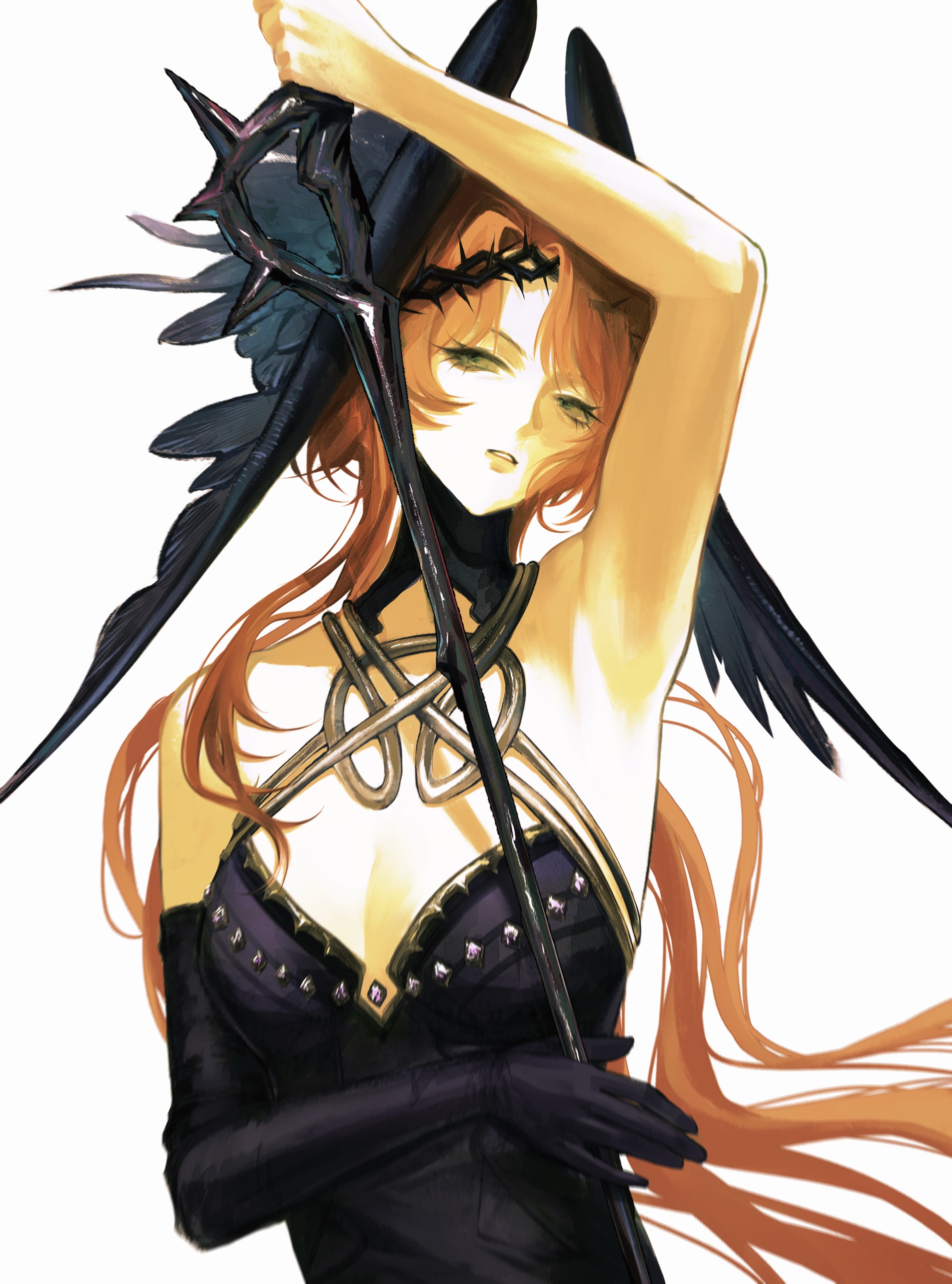 xiao xiazi, druvis iii, druvis iii (shrouded in thorns), reverse:1999, absurdres, highres, 1girl, arm up, armpits, bare shoulders, breasts, cane, cleavage, crown of thorns, dress, elbow gloves, feathered wings, gloves, green eyes, halter dress, halterneck, holding, holding cane, long hair, looking at viewer, medium breasts, official alternate costume, orange hair, parted lips, purple dress, purple wings, single bare arm, single elbow glove, sleeveless, sleeveless dress, solo, upper body, very long hair, white background, wings
