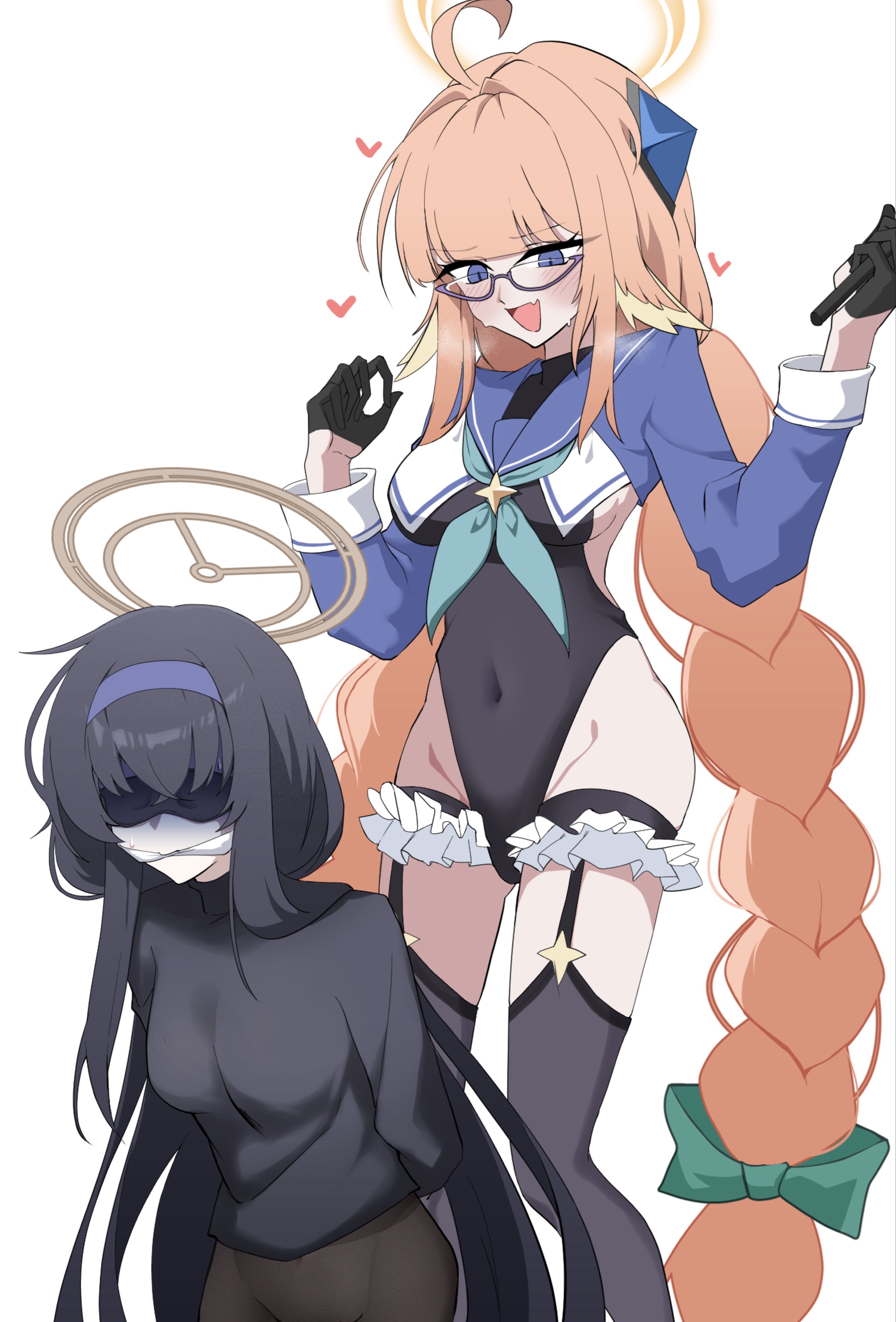 amtkmituki, shimiko (blue archive), shimiko (magical) (blue archive), ui (blue archive), blue archive, absurdres, commentary request, highres, 2girls, ahoge, aqua neckerchief, arms behind back, bdsm, black gloves, black hair, black leotard, black thighhighs, blindfold, blue eyes, blue sailor collar, blue shrug, bondage, bound, breasts, brown halo, covered navel, feet out of frame, gagged, gloves, half gloves, halo, heart, highleg, highleg leotard, holding, holding riding crop, large breasts, legwear garter, leotard, long hair, looking at another, looking at viewer, multiple girls, neckerchief, official alternate costume, orange hair, orange halo, riding crop, sailor collar, shrug (clothing), sideboob, sidelocks, simple background, thighhighs, very long hair, white background