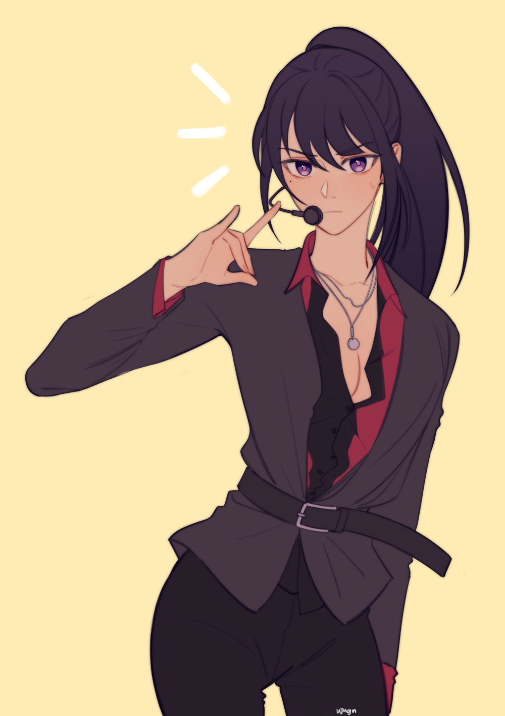 ujugn, raiden shogun, genshin impact, commentary, english commentary, highres, 1girl, alternate costume, alternate hairstyle, alternate universe, artist name, belt, belt around waist, black pants, black suit, blunt bangs, blush, breasts, cleavage, closed mouth, collarbone, collared jacket, collared shirt, expressionless, eyeliner, formal clothes, fox shadow puppet, grey jacket, head tilt, high ponytail, idol, jacket, jewelry, large breasts, long hair, long sleeves, looking at viewer, makeup, mole, mole under eye, necklace, open clothes, open jacket, pants, partially unbuttoned, ponytail, purple eyes, purple hair, red eyeliner, shade, shirt, simple background, solo, standing, suit, sweat, sweatdrop, upper body