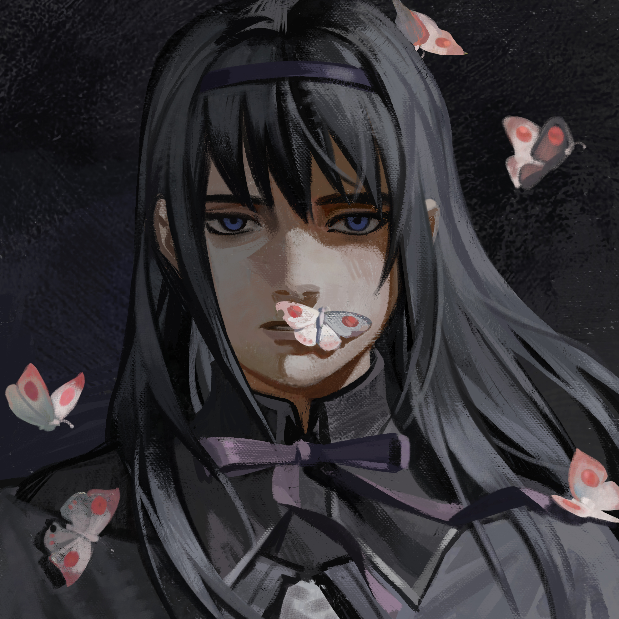 silverheather, akemi homura, akemi homura (magical girl), mahou shoujo madoka magica, mahou shoujo madoka magica (anime), highres, 1girl, black background, black hair, blue eyes, bug, butterfly, butterfly on face, butterfly on head, butterfly on mouth, butterfly on shoulder, collared capelet, expressionless, facing viewer, hairband, insect, long hair, looking at viewer, magical girl, muted color, neck ribbon, parted lips, portrait, purple hairband, purple ribbon, ribbon, solo, two-tone capelet