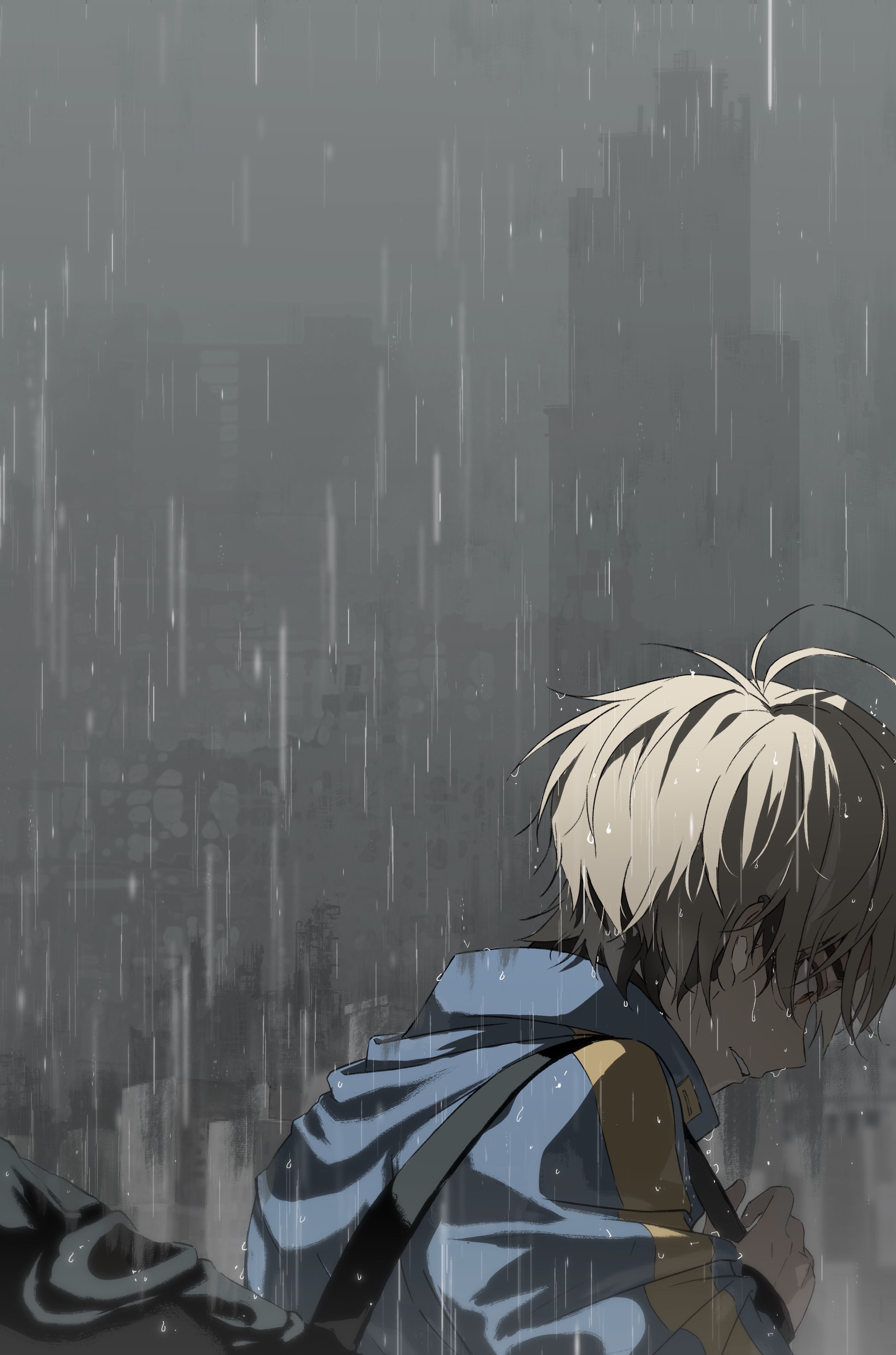 nakazawa yuki, xia fei, shiguang dailiren, absurdres, chinese commentary, highres, 1boy, antenna hair, bag, black hair, blonde hair, blue jacket, building, from side, holding strap, jacket, long sleeves, looking down, looking to the side, male focus, multicolored hair, official artist extra, orange eyes, outdoors, parted lips, profile, rain, sad, short hair, shoulder bag, solo, tears, two-tone hair, upper body, wet, wet hair
