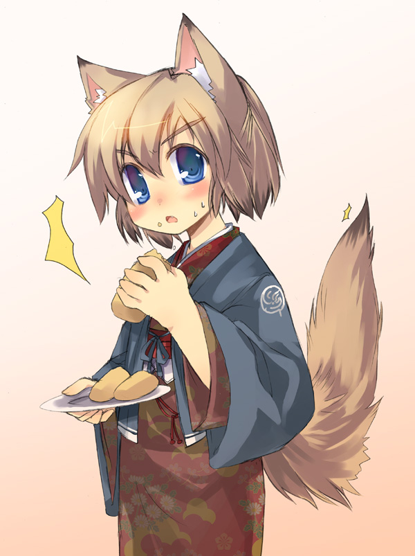 toba hiyoko, original, 1girl, animal ears, blue eyes, blush, brown hair, caught, eating, female focus, food, fox, fox tail, japanese clothes, kimono, short hair, simple background, solo, surprised, tail