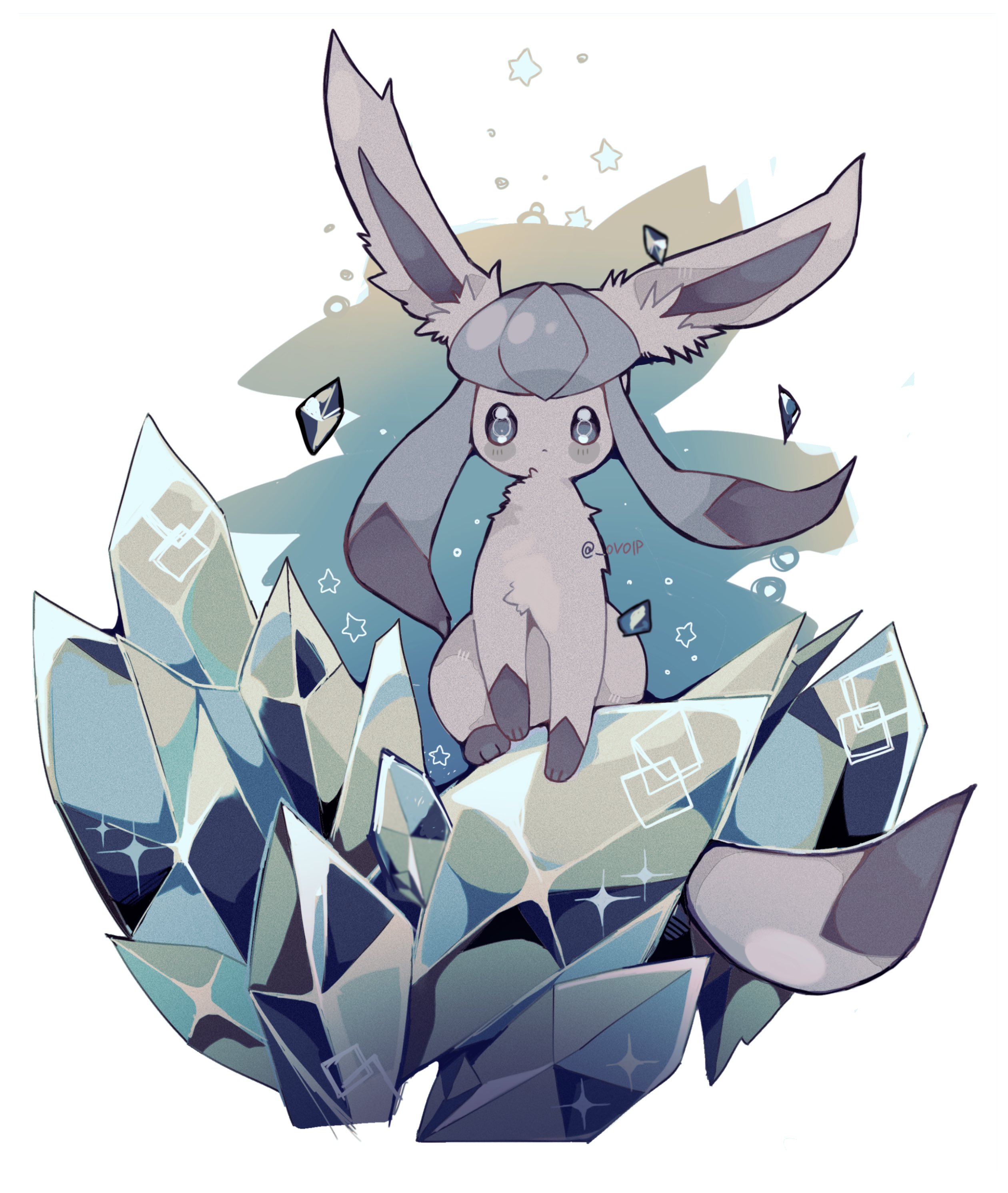 shirasuame shiromaru, glaceon, nintendo, pokemon, absurdres, highres, animal focus, blue eyes, blue fur, blue sclera, closed mouth, colored sclera, crystal, full body, gen 4 pokemon, ice, looking at viewer, no humans, pokemon (creature), pokemon focus, solo, star (symbol), tail