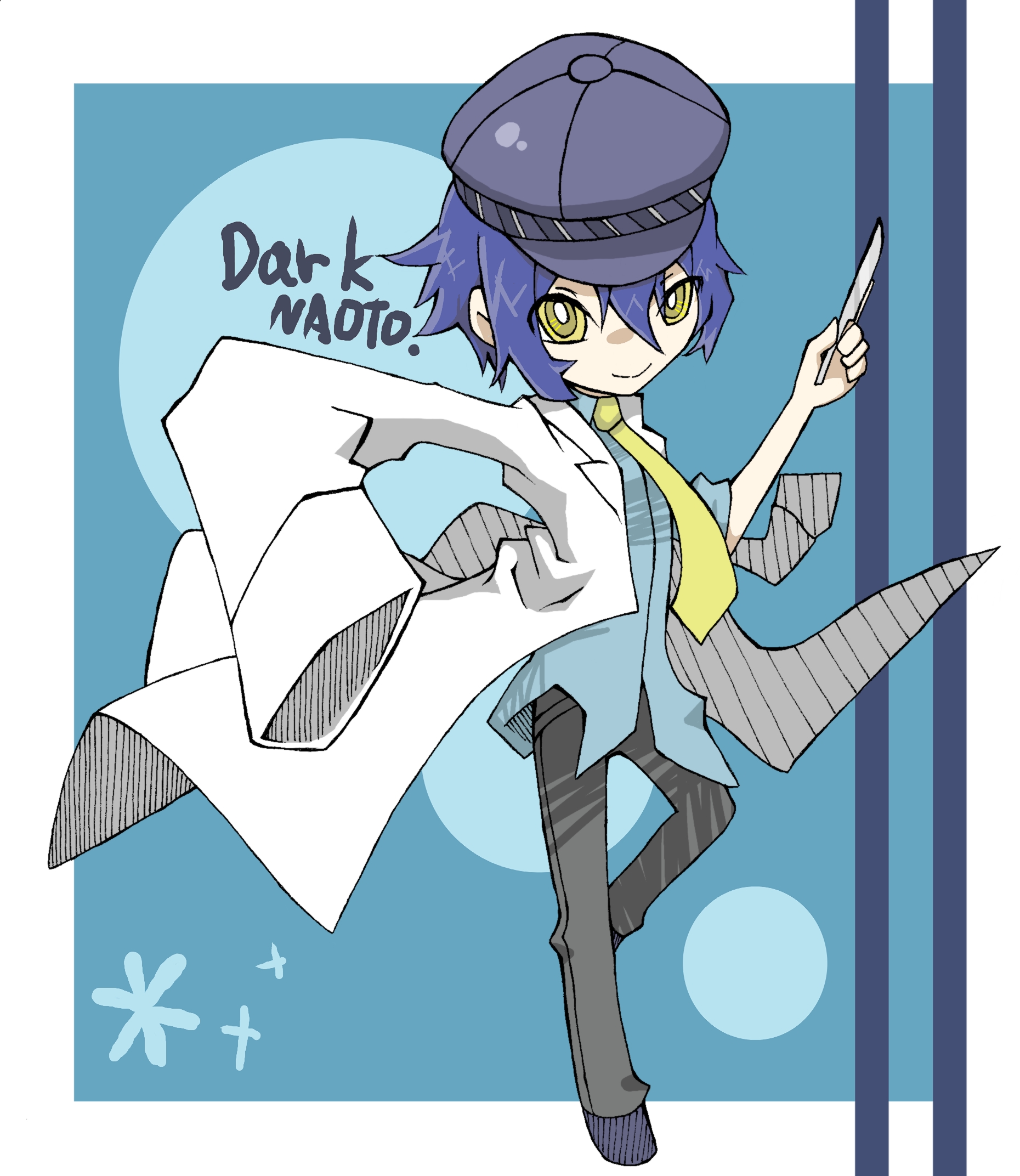 ido-6934bibiti, shadow (persona), shirogane naoto, atlus, persona, persona 4, bad id, bad pixiv id, highres, 1girl, blue hair, chibi, hat, lab coat, necktie, newsboy cap, reverse trap, scalpel, yellow eyes