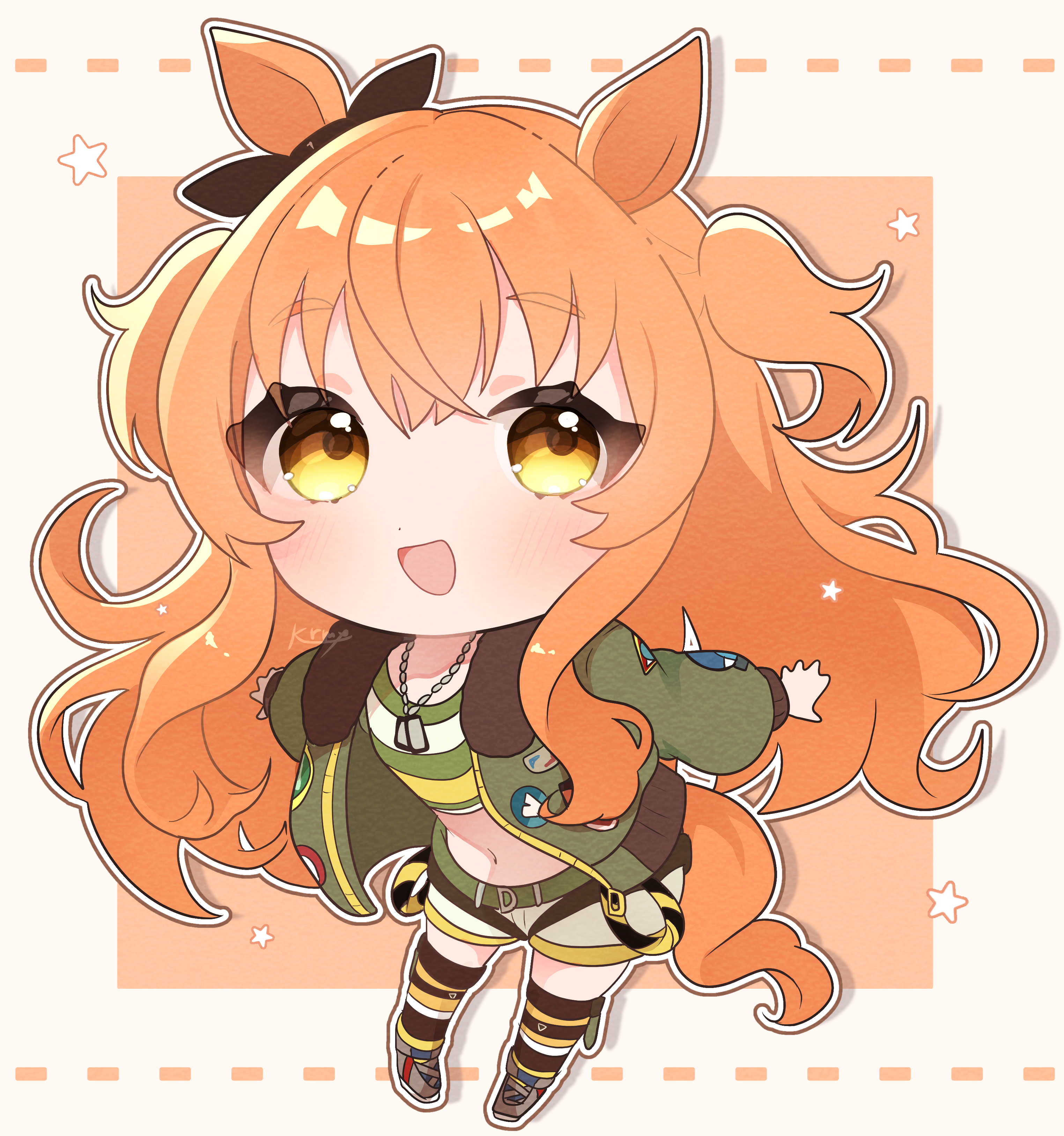 kurumiya (krmy p), mayano top gun (scramble zone) (umamusume), mayano top gun (umamusume), umamusume, absurdres, highres, 1girl, animal ears, belt, black thighhighs, blush, bomber jacket, bow, breasts, brown ribbon, chibi, chibi only, crop top, dog tags, ear bow, ear ribbon, green belt, green jacket, hair between eyes, horse ears, horse girl, horse tail, jacket, long hair, long sleeves, looking at viewer, midriff, navel, open clothes, open jacket, open mouth, orange eyes, orange hair, orange tail, ribbon, shirt, shoes, shorts, smile, solo, star (symbol), stomach, striped clothes, striped shirt, tail, thighhighs, two side up, white shorts, yellow shirt