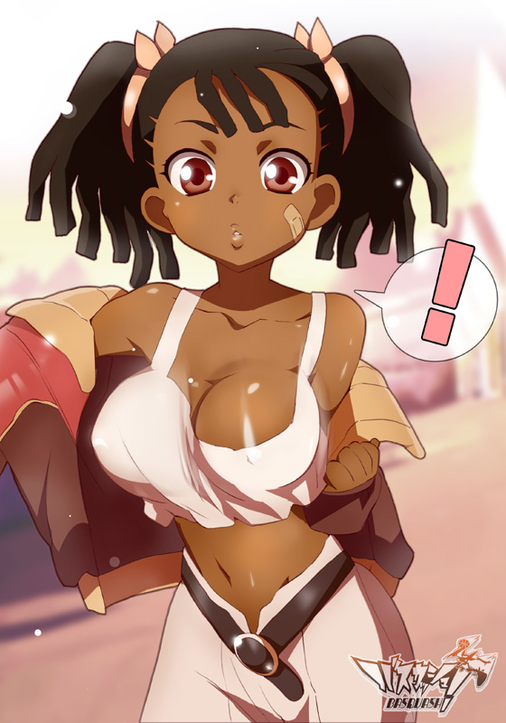 jet yowatari, ayukawa miyuki, basquash!, bad id, bad pixiv id, !, 00s, 1girl, bandaid, bandaid on face, black hair, bouncing breasts, breasts, brown eyes, cleavage, dark-skinned female, dark skin, dreadlocks, female focus, hair ribbon, jacket, large breasts, midriff, navel, no bra, red eyes, ribbon, short hair, solo, tank top, very dark skin