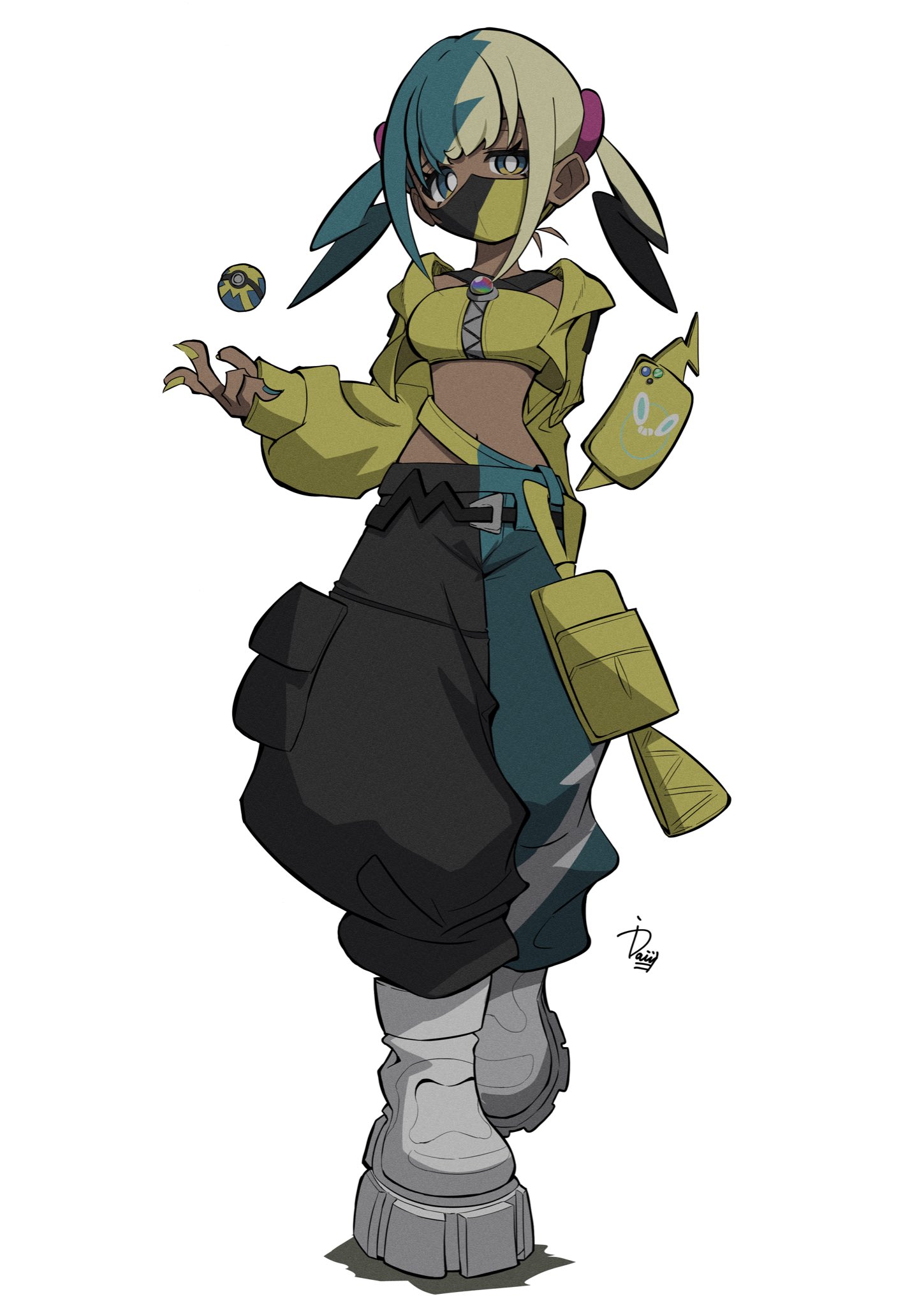 ida (idalol490), canari (pokemon), rotom, rotom phone, nintendo, pokemon, pokemon legends: z-a, highres, 1girl, aqua hair, bandeau, black mask, black pants, blonde hair, blue nails, blue pants, boots, breasts, center-flap bangs, criss-cross halter, criss-cross straps, crop top, full body, gen 4 pokemon, halterneck, jacket, looking at viewer, mask, medium breasts, mega stone, mouth mask, multicolored hair, navel, pants, poke ball, pokemon (creature), quick ball, short twintails, simple background, split-color hair, stomach, twintails, two-tone hair, two-tone mask, two-tone pants, white background, white boots, yellow bandeau, yellow jacket, yellow mask, yellow nails