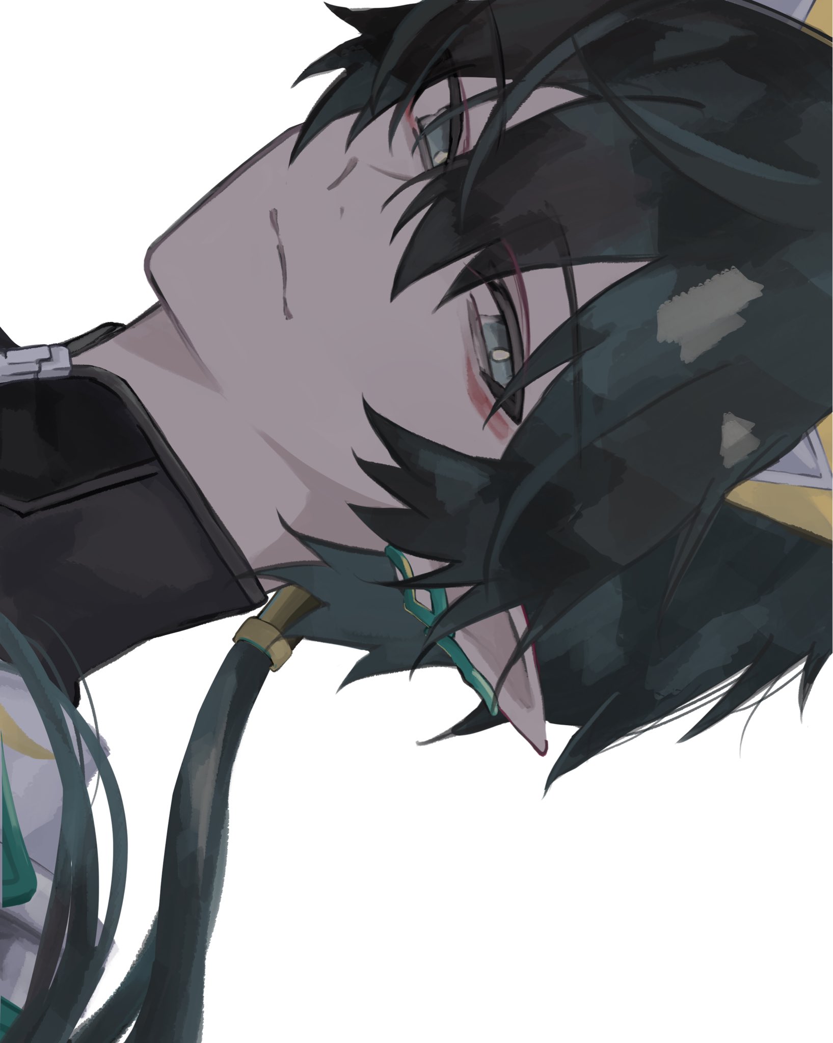 iota 1600, dan heng (honkai: star rail), dan heng (permansor terrae) (honkai: star rail), honkai: star rail, honkai (series), commentary request, highres, 1boy, black hair, black shirt, blue eyes, closed mouth, collared shirt, ear covers, eyeliner, floating hair, hair between eyes, horns, light smile, long hair, looking to the side, makeup, male focus, official alternate costume, ponytail, portrait, shirt, sideways, simple background, single ear cover, solo, white background, yellow horns, zipper pull tab