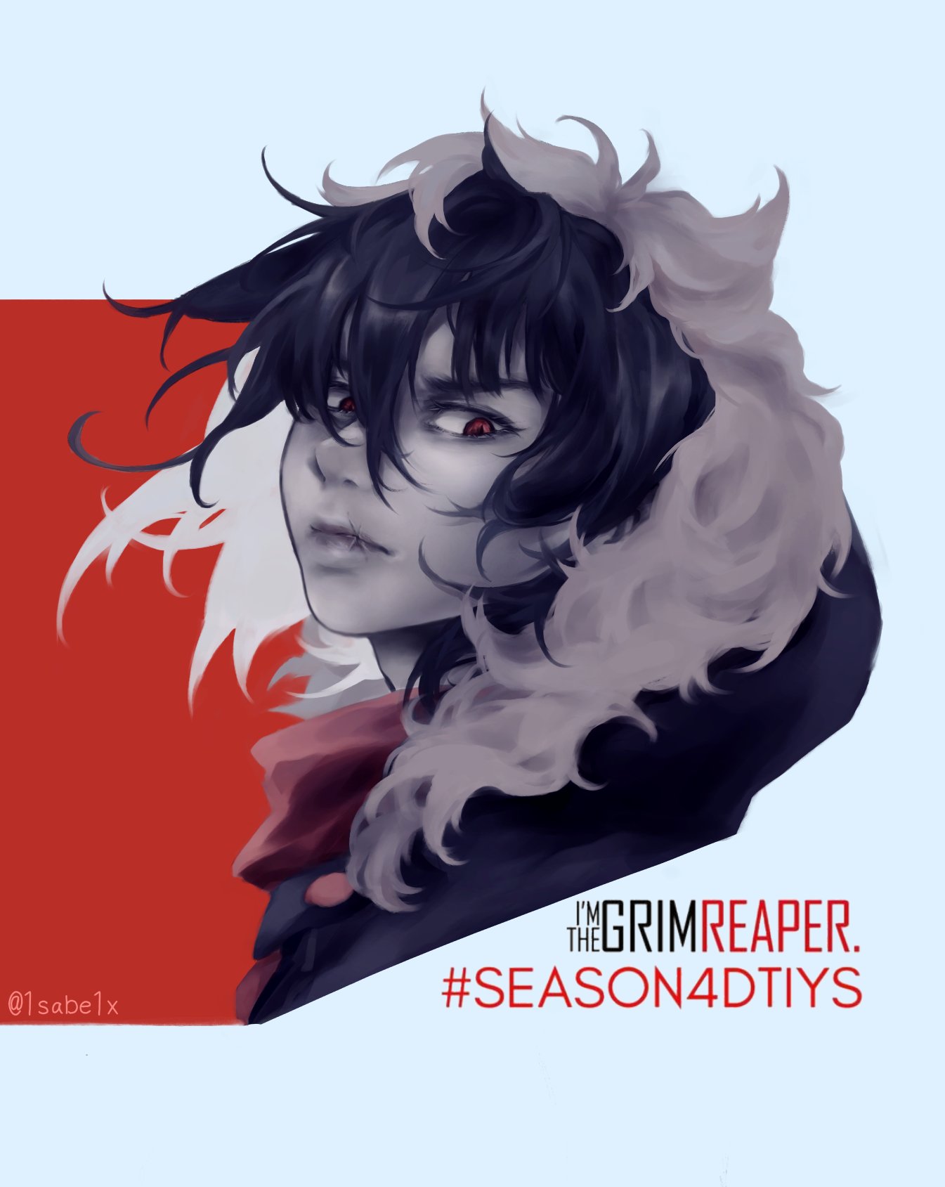 1sabe1x, scarlet (i'm the grim reaper), i'm the grim reaper, commentary, english commentary, highres, 1girl, bags under eyes, black hair, black jacket, draw this in your style challenge, fur-trimmed hood, fur trim, hair flowing over, hood, jacket, muted color, narrowed eyes, red eyes, red scarf, scarf, serious, short hair, solo, upper body