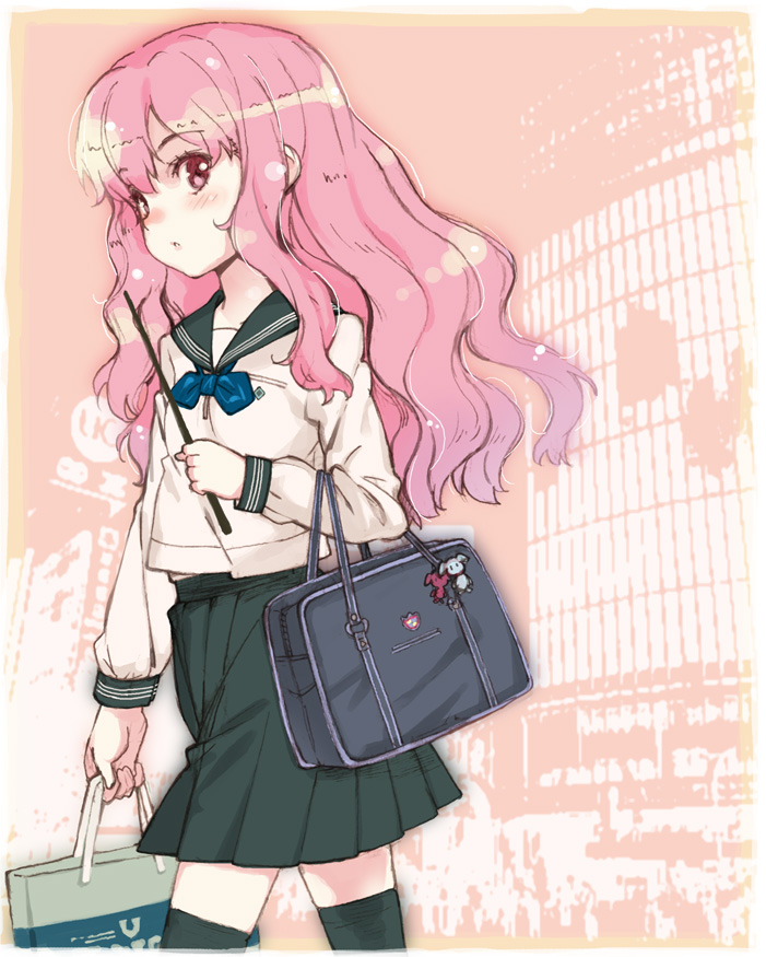murasawa hiroshi, louise francoise le blanc de la valliere, zero no tsukaima, 00s, 1girl, bag, blush, female focus, flat chest, long hair, pink eyes, pink hair, school uniform, serafuku, solo, thighhighs, wand, zettai ryouiki