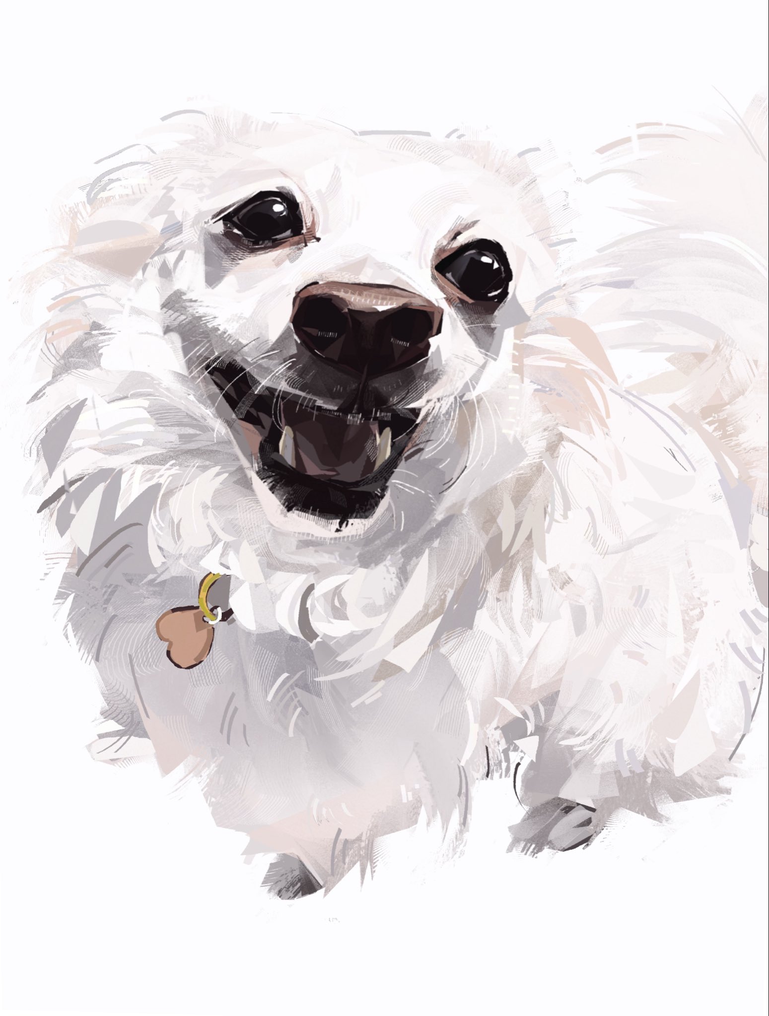 junbuug, original, commentary, english commentary, highres, animal, animal focus, black eyes, dog, no humans, open mouth, realistic, simple background, smile, solo, white background, white dog