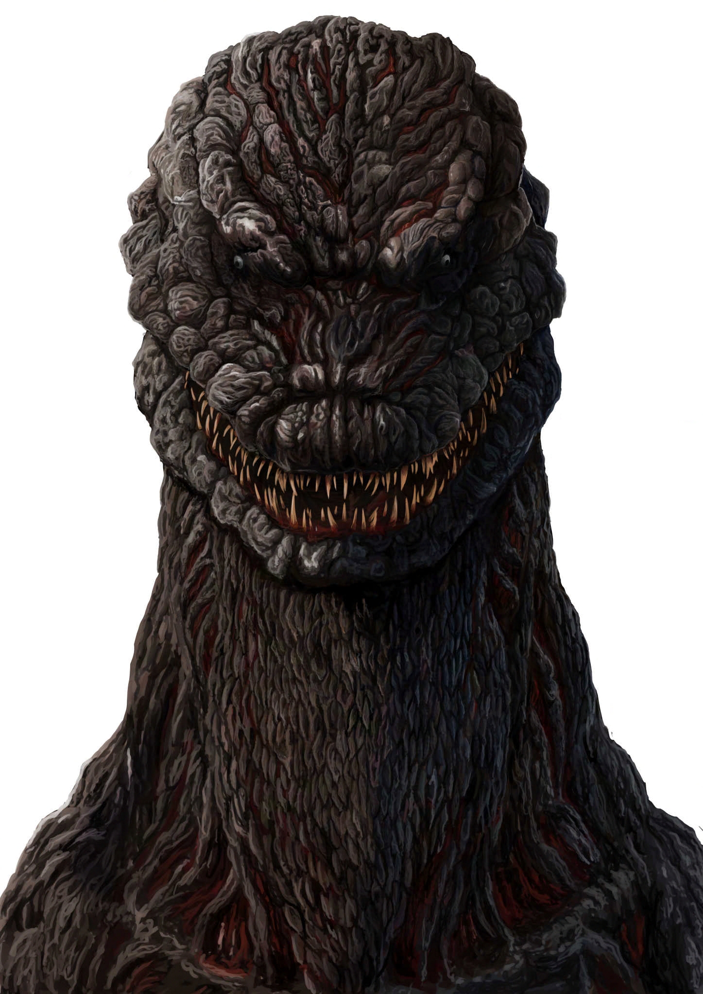 gattyo, godzilla, godzilla (shin), godzilla (series), shin godzilla, tokusatsu, commentary, highres, black scales, blood, blood on mouth, collarbone, colored teeth, grey eyes, grin, kaiju, looking at viewer, monster, monster focus, no humans, nostrils, parted lips, portrait, scales, sharp teeth, simple background, smile, straight-on, sunken eyes, teeth, white background, yellow teeth