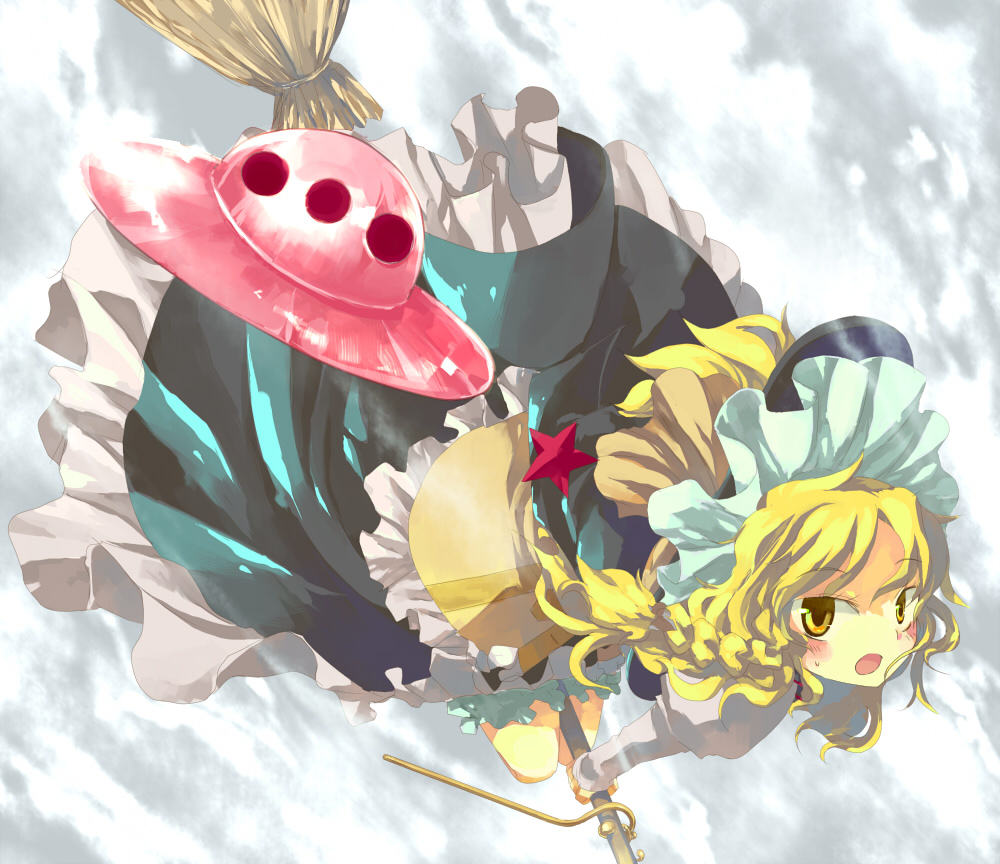 hanui, kirisame marisa, touhou, bad id, bad pixiv id, 1girl, blonde hair, braid, broom, broom riding, dress, female focus, flying, gradient background, hat, solo, ufo, white background, witch, witch hat, yellow eyes