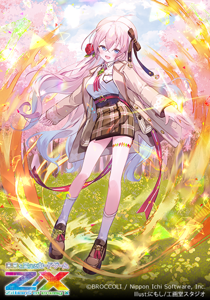 ibara riato, z/x, official art, 1girl, ahoge, aura, belt, blue eyes, blue hair, brown jacket, brown shoes, brown skirt, copyright logo, copyright name, copyright notice, flower, gradient hair, hair between eyes, hair flower, hair ornament, hat, jacket, kamiyugi sakura, kneehighs, logo, multicolored hair, open clothes, open jacket, open mouth, outdoors, pink hair, plaid clothes, plaid skirt, red belt, red flower, shirt, shoes, skirt, socks, solo, white hat, white shirt, white socks