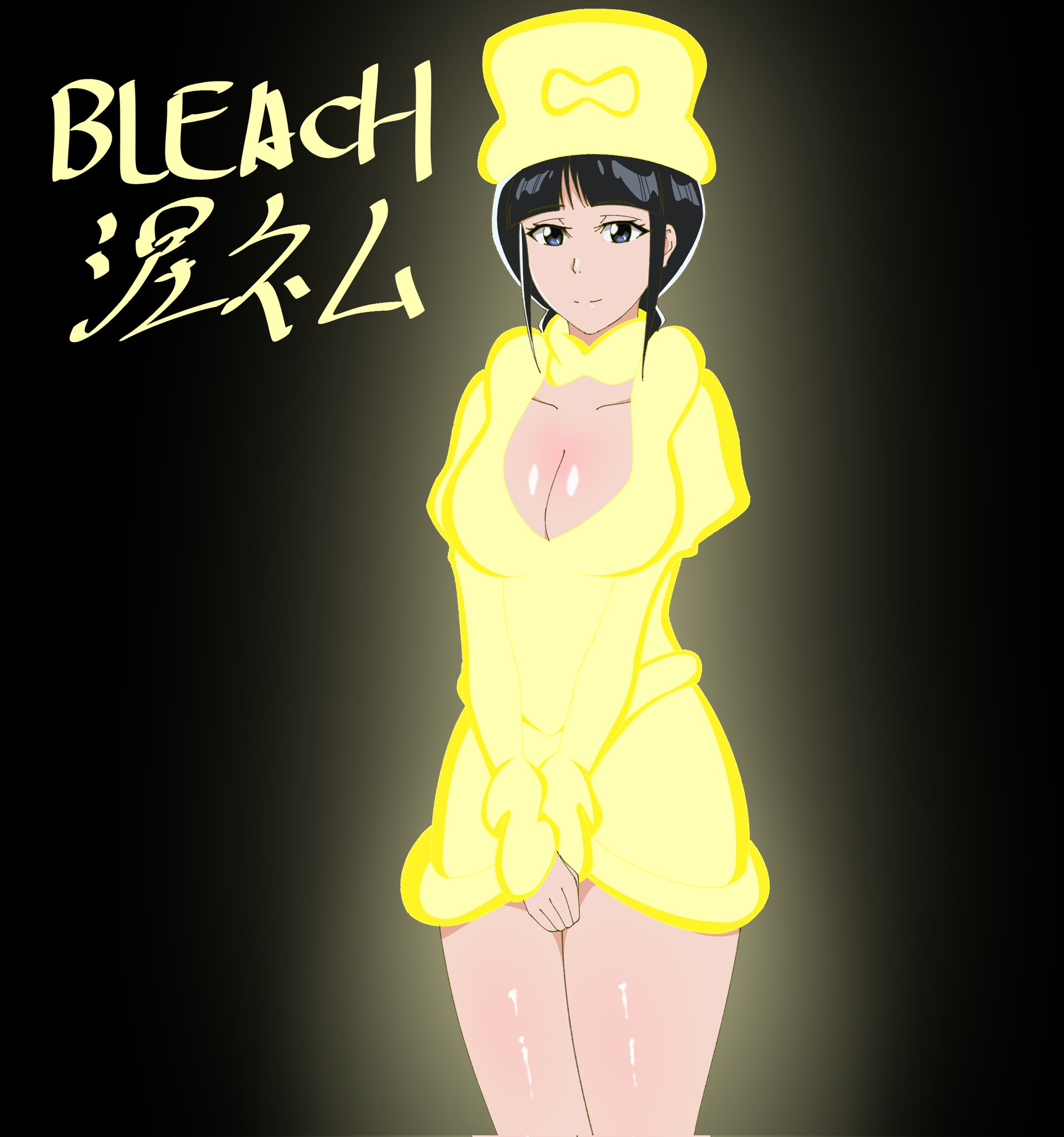 sha11021997, kurotsuchi nemu, bleach, bleach: sennen kessen-hen, commentary, corrupted twitter file, highres, 1girl, anime coloring, black background, black hair, blue eyes, blunt bangs, bow, breasts, character name, cleavage, closed mouth, collarbone, copyright name, cowboy shot, dress, eyelashes, glowing, hat, hat bow, juliet sleeves, large breasts, long sleeves, looking at viewer, official alternate costume, official artist extra, official style, own hands together, puffy sleeves, short dress, sidelocks, simple background, sleeves past wrists, smile, solo, split mouth, thighs, top hat, tsurime, v arms, yellow bow, yellow dress, yellow hat