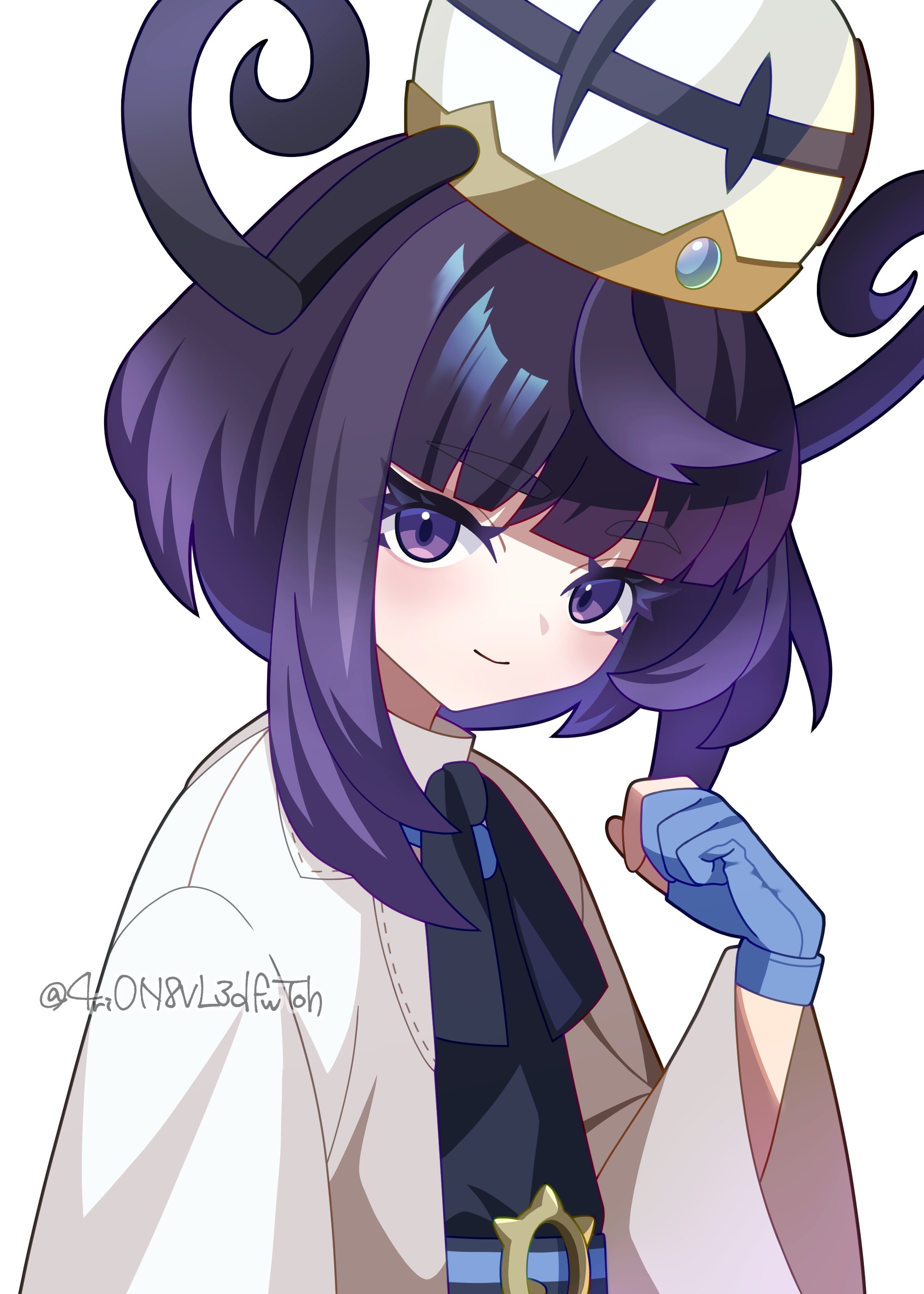 4rion, gwynn (pokemon), nintendo, pokemon, pokemon legends: z-a, absurdres, highres, 1girl, belt, belt buckle, black dress, blue gloves, blunt bangs, bob cut, buckle, closed eyes, coat, dress, gloves, hat, long sleeves, looking at viewer, o-ring, o-ring belt, open clothes, open coat, partially fingerless gloves, purple eyes, purple hair, short hair, smile, solo, twitter username, upper body, white background, white coat, white hat, wide sleeves