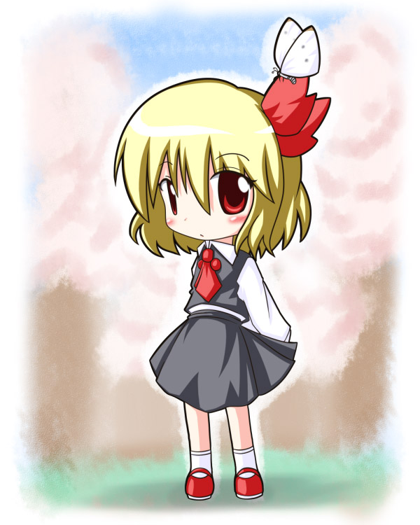 r pascal, rumia, embodiment of scarlet devil, touhou, 1girl, blonde hair, bug, butterfly, chibi, female focus, flower, full body, insect, mary janes, outdoors, plant, red eyes, ribbon, shoes, short hair, sky, solo, standing, tree