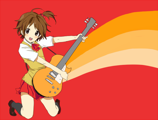 shigure wasa, ws (pixiv), hanamura yousuke, atlus, k-on!, persona, persona 4, bad id, bad pixiv id, derivative work, 1boy, brown eyes, brown hair, crossdressing, crossdressing (mtf), crossover, electric guitar, gibson les paul, guitar, instrument, male focus, parody, round teeth, school uniform, skirt, socks, solo, teeth, trap