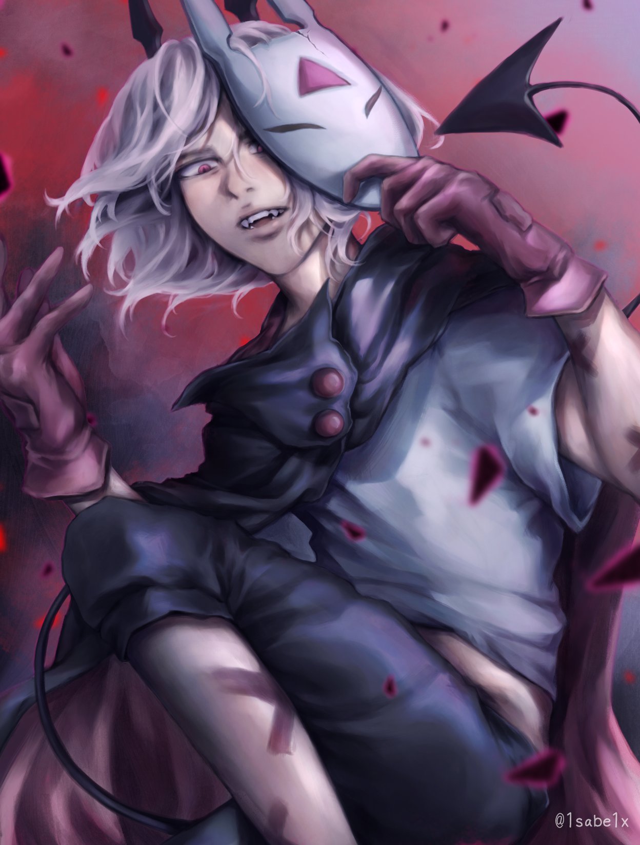 1sabe1x, brook (i'm the grim reaper), i'm the grim reaper, commentary, english commentary, highres, 1girl, bad anatomy, bad leg, black shirt, demon tail, embers, fangs, feet out of frame, gloves, grin, hair flowing over, half-closed eyes, hand up, holding, holding mask, knee up, mask, midriff, one eye covered, open mouth, out of frame, pink gloves, rabbit mask, red eyes, shirt, short hair, smile, solo, tail, white hair, x mark